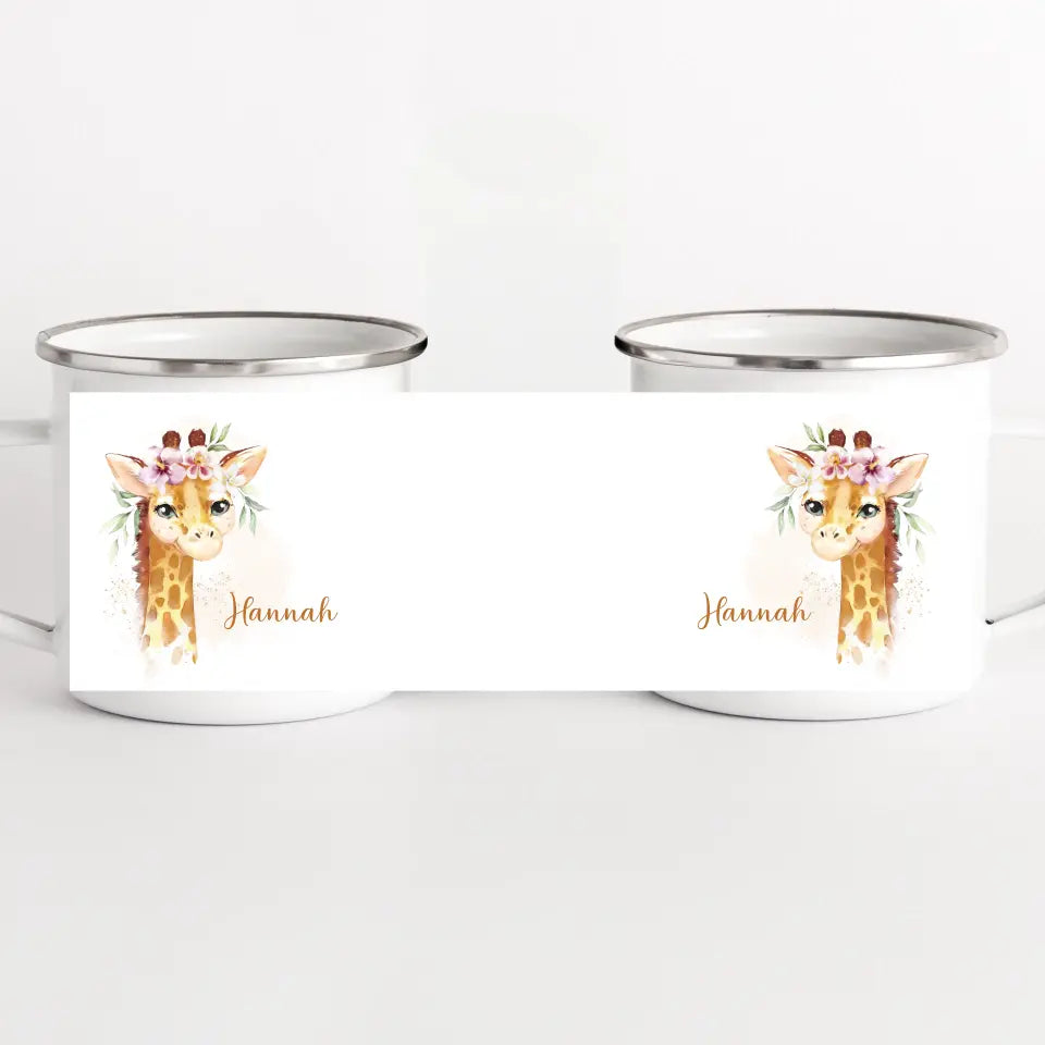 Kindertasse Giraffe mit Namen, personalisiert weiss bedruckt Kindertasse Emaille Panorama Höhe: 8 cm, Durchmesser: 8 cm, Volumen: 300 ml, Gewicht: 130 g