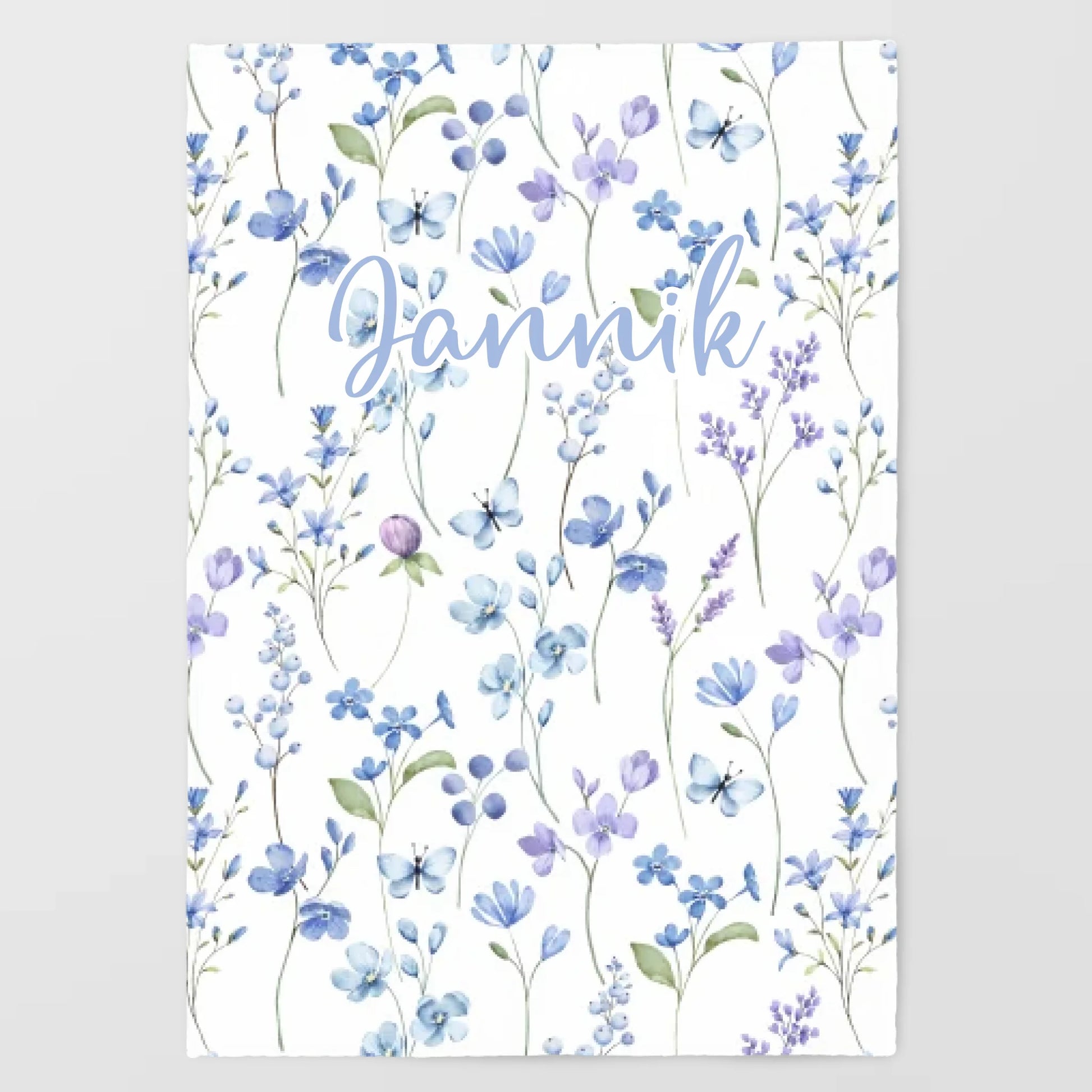 Kinderdecke Wildblumen lila personalisiert, Namensdecke Standarddecke weiß bedruckt 70 x 100 cm