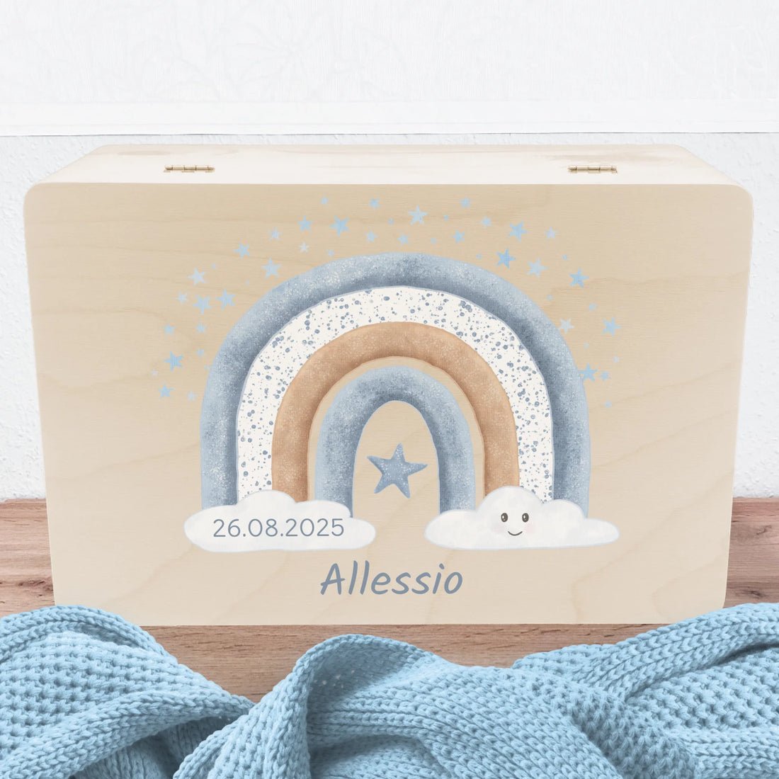Erinnerungskiste Regenbogen blau, personalisiert Erinnerungsbox Fichten- u. Birkenholz 30,0 x 20,0 x 13,0 cm