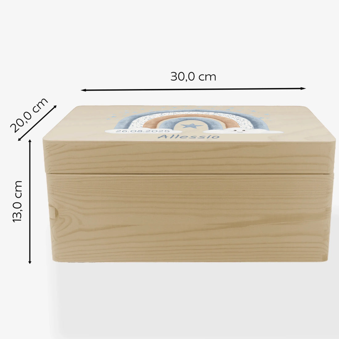 Erinnerungskiste Regenbogen blau, personalisiert Erinnerungsbox Fichten- u. Birkenholz 30,0 x 20,0 x 13,0 cm