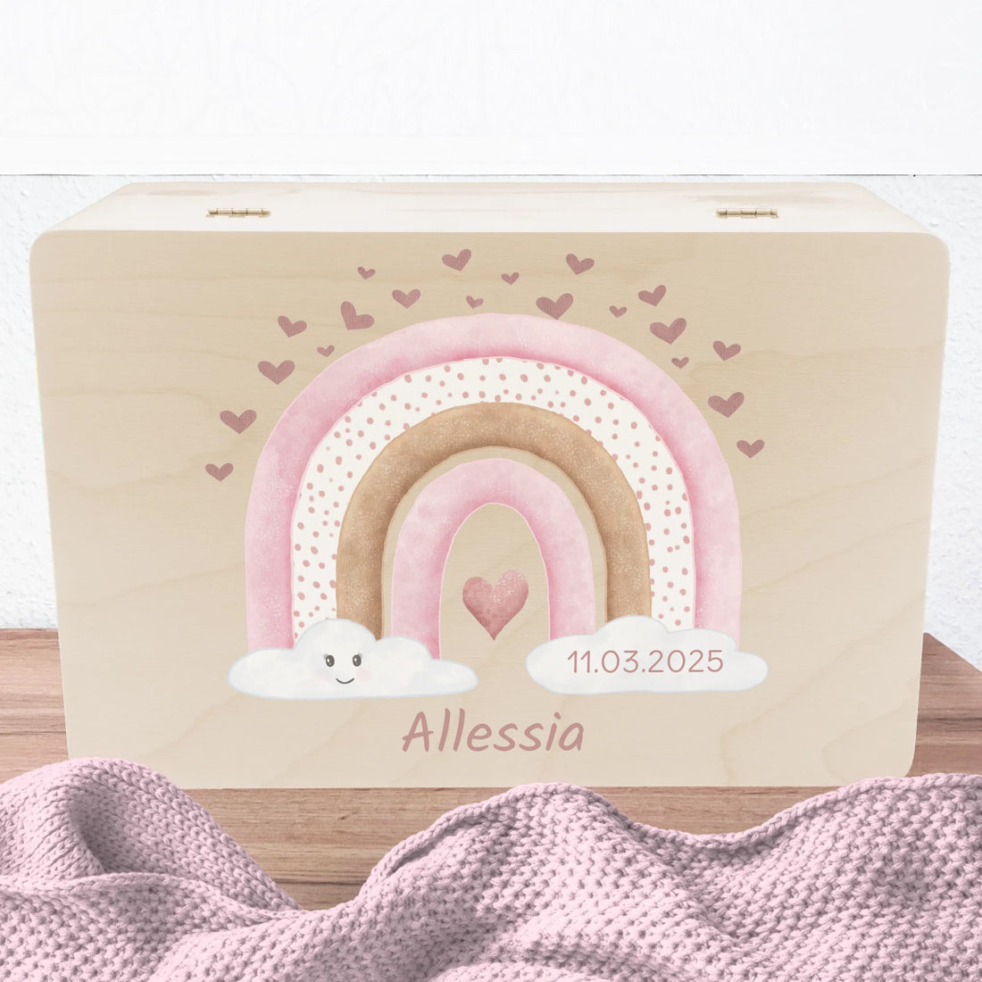 Erinnerungskiste Regenbogen rosa, personalisiert Erinnerungsbox Fichten- u. Birkenholz 30,0 x 20,0 x 13,0 cm
