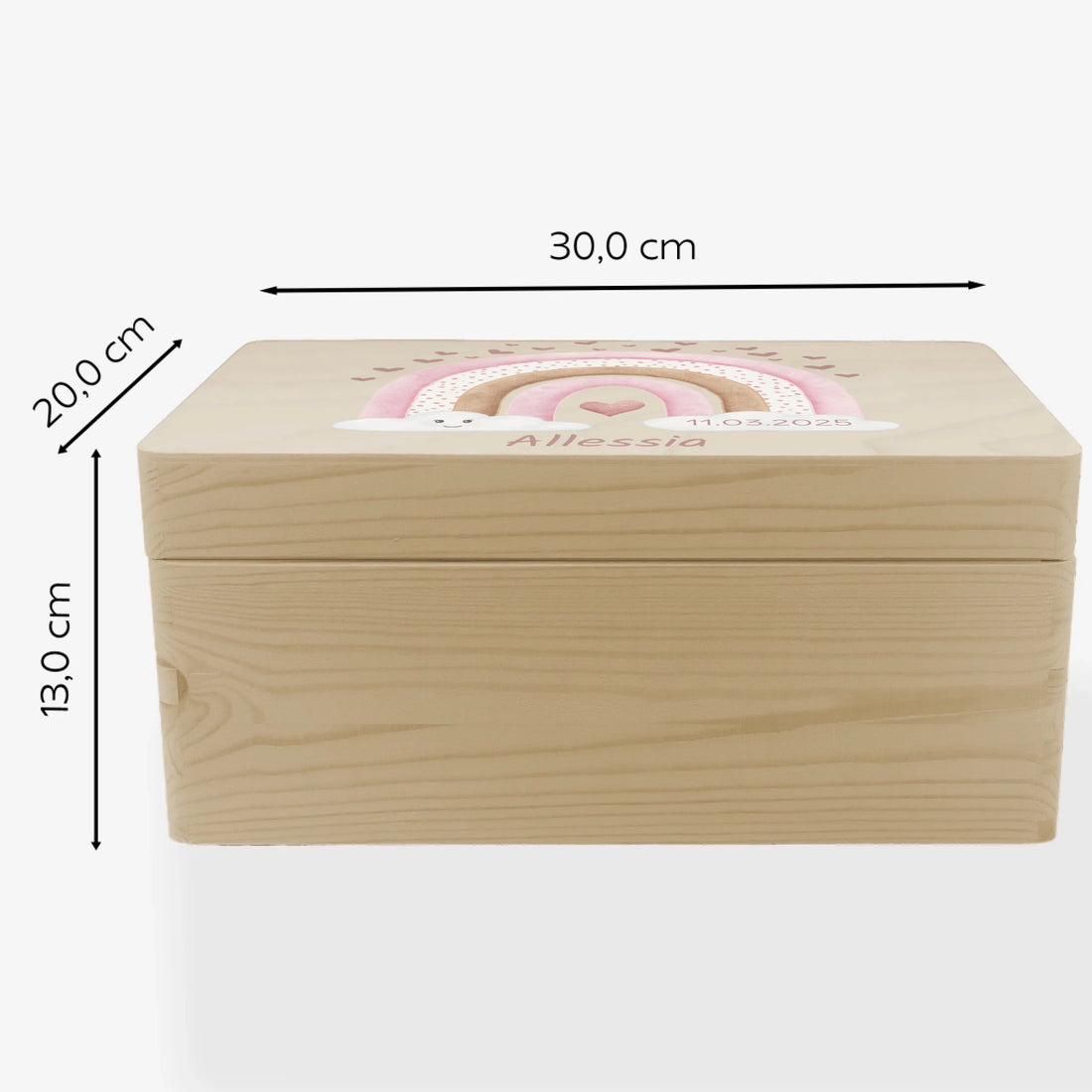 Erinnerungskiste Regenbogen rosa, personalisiert Erinnerungsbox Fichten- u. Birkenholz 30,0 x 20,0 x 13,0 cm