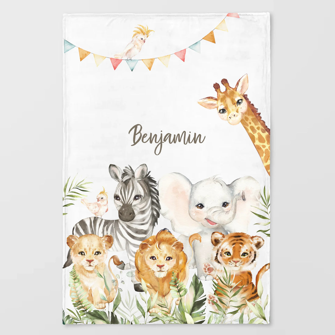 Kinderdecke Safaritiere personalisiert, Namensdecke Standarddecke weiß bedruckt 70 x 100 cm