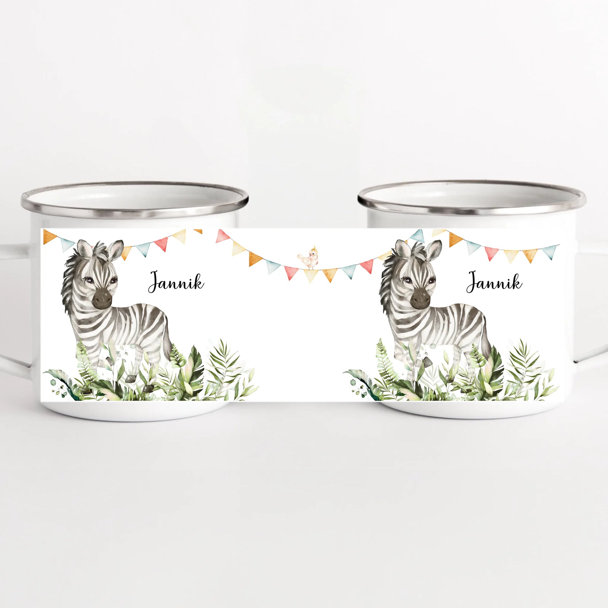 Kindertasse Zebra personalisiert mit Namen weiss bedruckt Kindertasse Emaille Panorama Höhe: 8 cm, Durchmesser: 8 cm, Volumen: 300 ml, Gewicht: 130 g