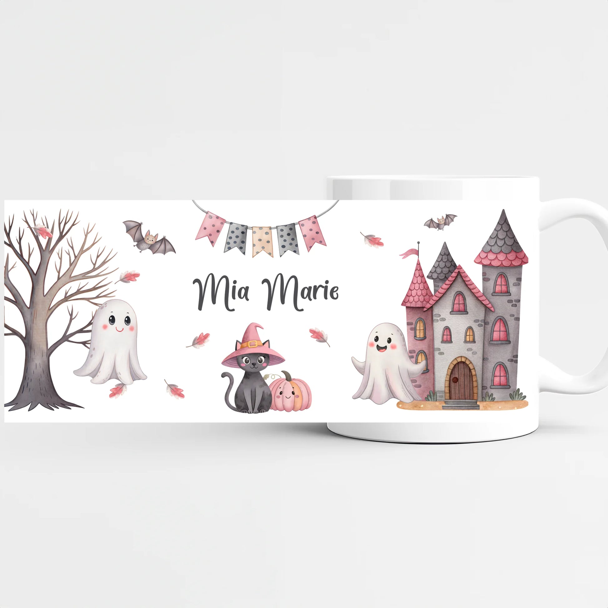 Kindertasse Halloween Katze mit Geister personalisiert Tasse (Keramik) weiss bedruckt Höhe: 9,5 cm, Durchmesser: 8 cm, Volumen: 325 ml