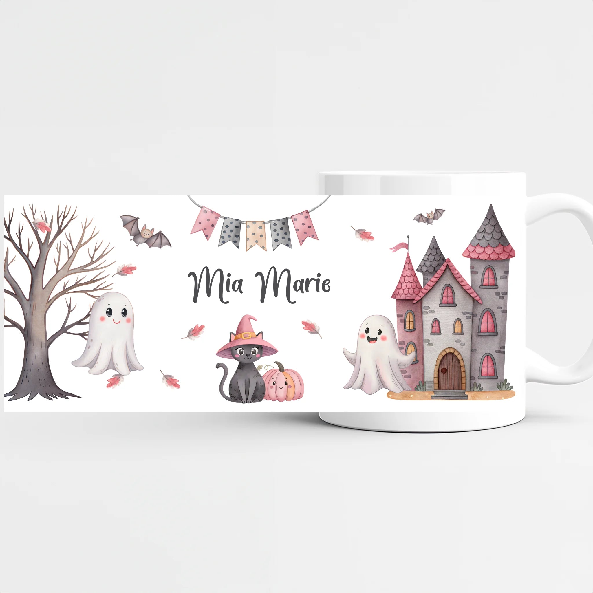 Kindertasse Halloween Katze mit Geister personalisiert Tasse (Keramik) weiss bedruckt Höhe: 9,5 cm, Durchmesser: 8 cm, Volumen: 325 ml
