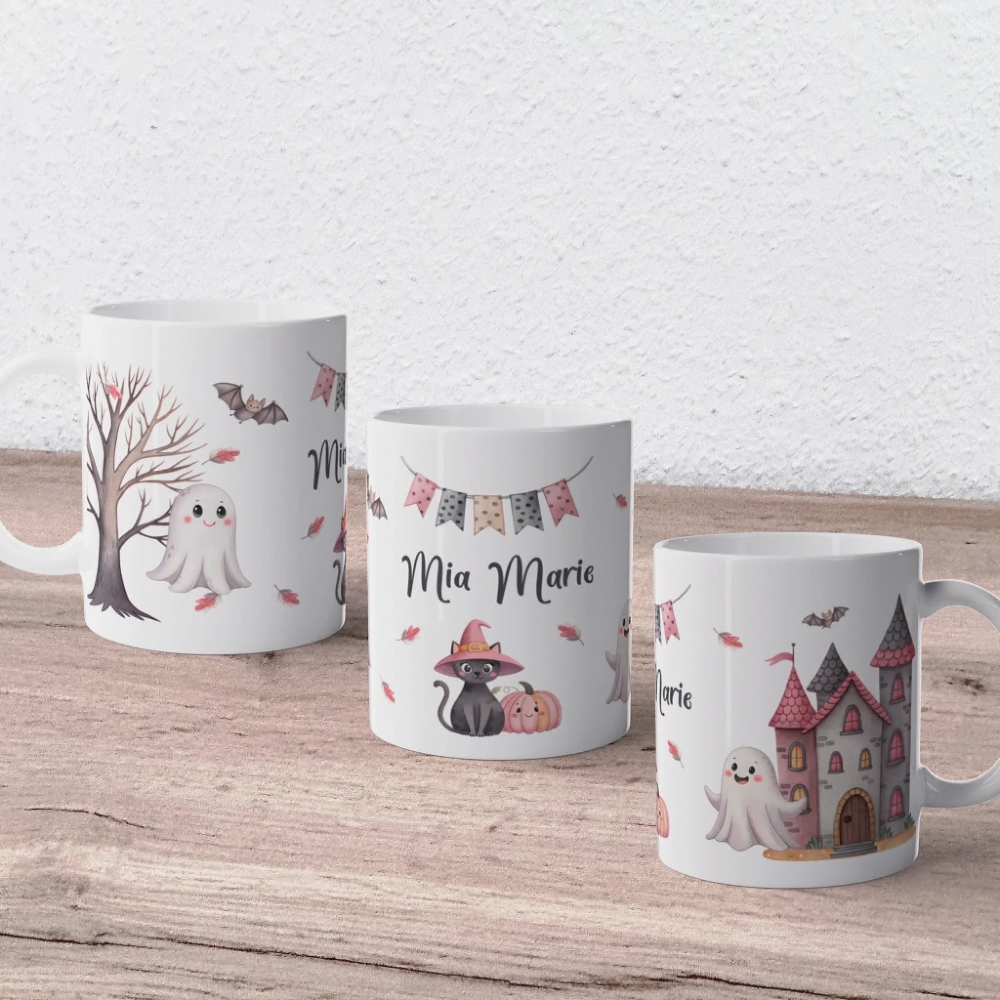 Kindertasse Halloween Katze mit Geister personalisiert
