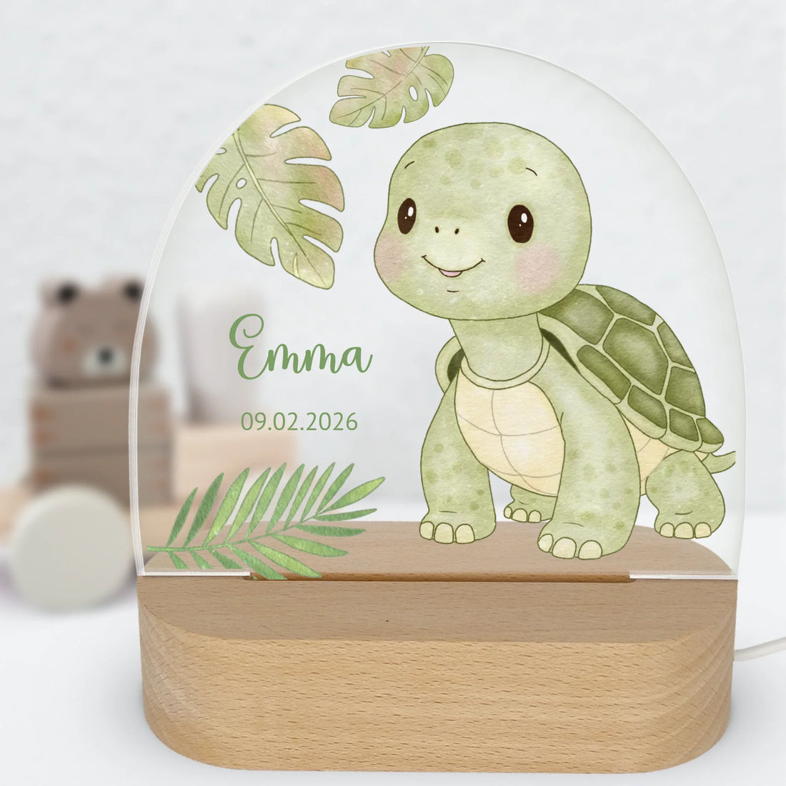 Nachtlicht Schildkröte personalisiert Nachtlicht oval mit Holzständer und LED-Licht 4 mm Acrylglas & Buchenholzständer BxHxT ca. 14,5 x 16 x 6 cm