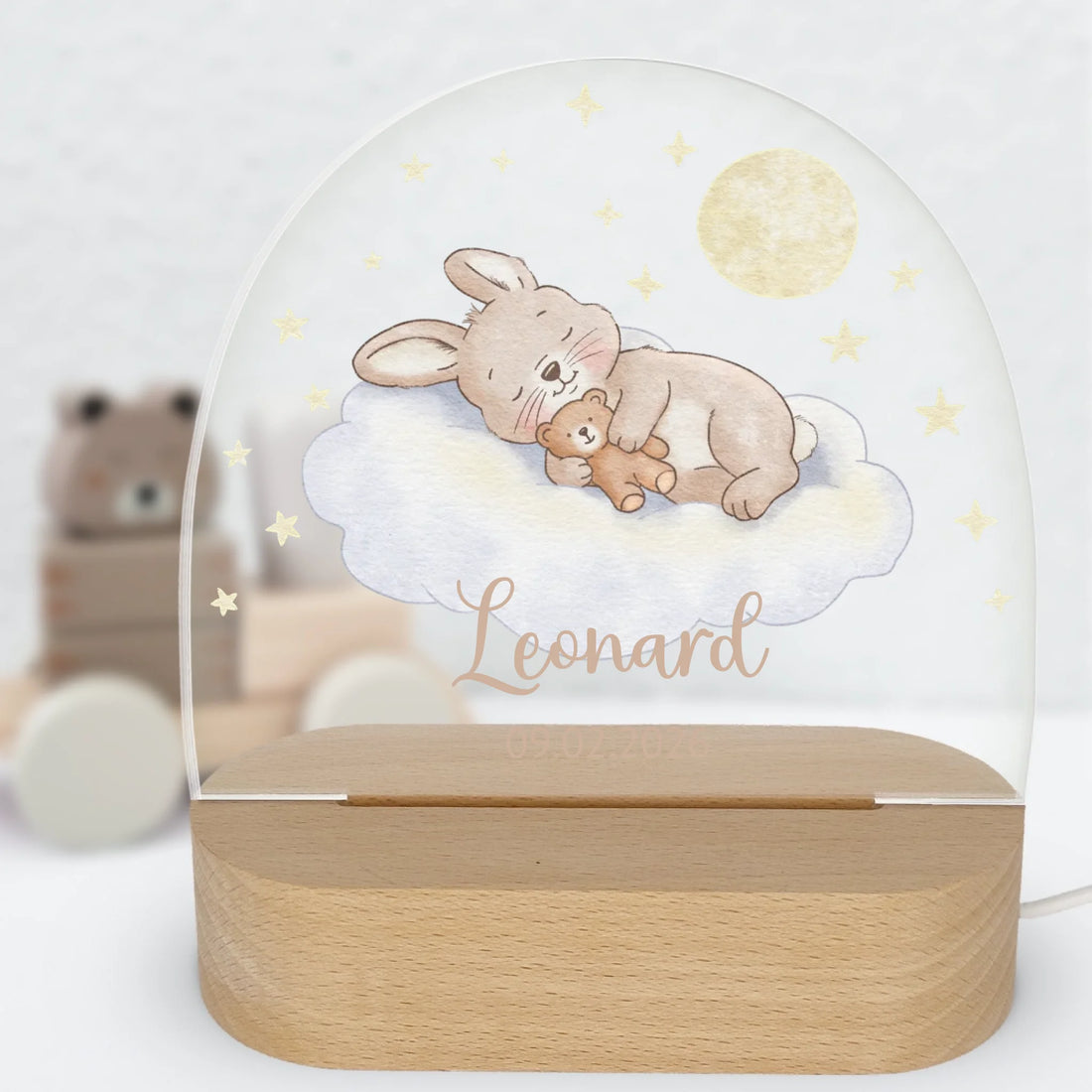 Nachtlicht Hase kuschelt mit Teddybär auf einer Wolke Nachtlicht oval mit Holzständer und LED-Licht 4 mm Acrylglas & Buchenholzständer BxHxT ca. 14,5 x 16 x 6 cm