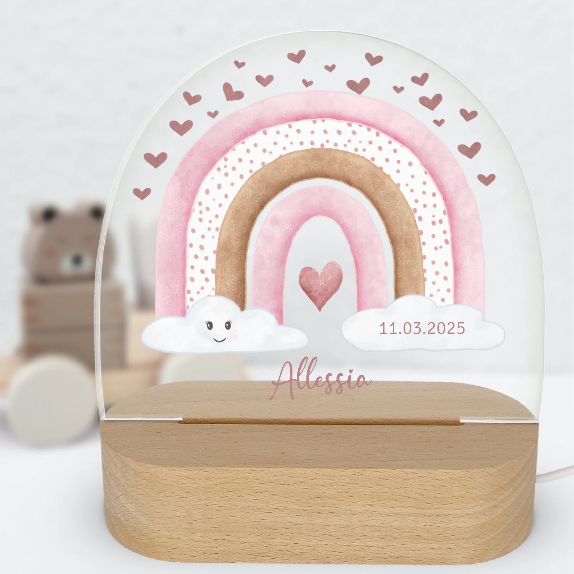 Nachtlicht Regenbogen mit Herzen personalisiert Nachtlicht oval mit Holzständer und LED-Licht BxHxT ca. 14,5 x 16 x 6 cm 4 mm Acrylglas & Buchenholzständer