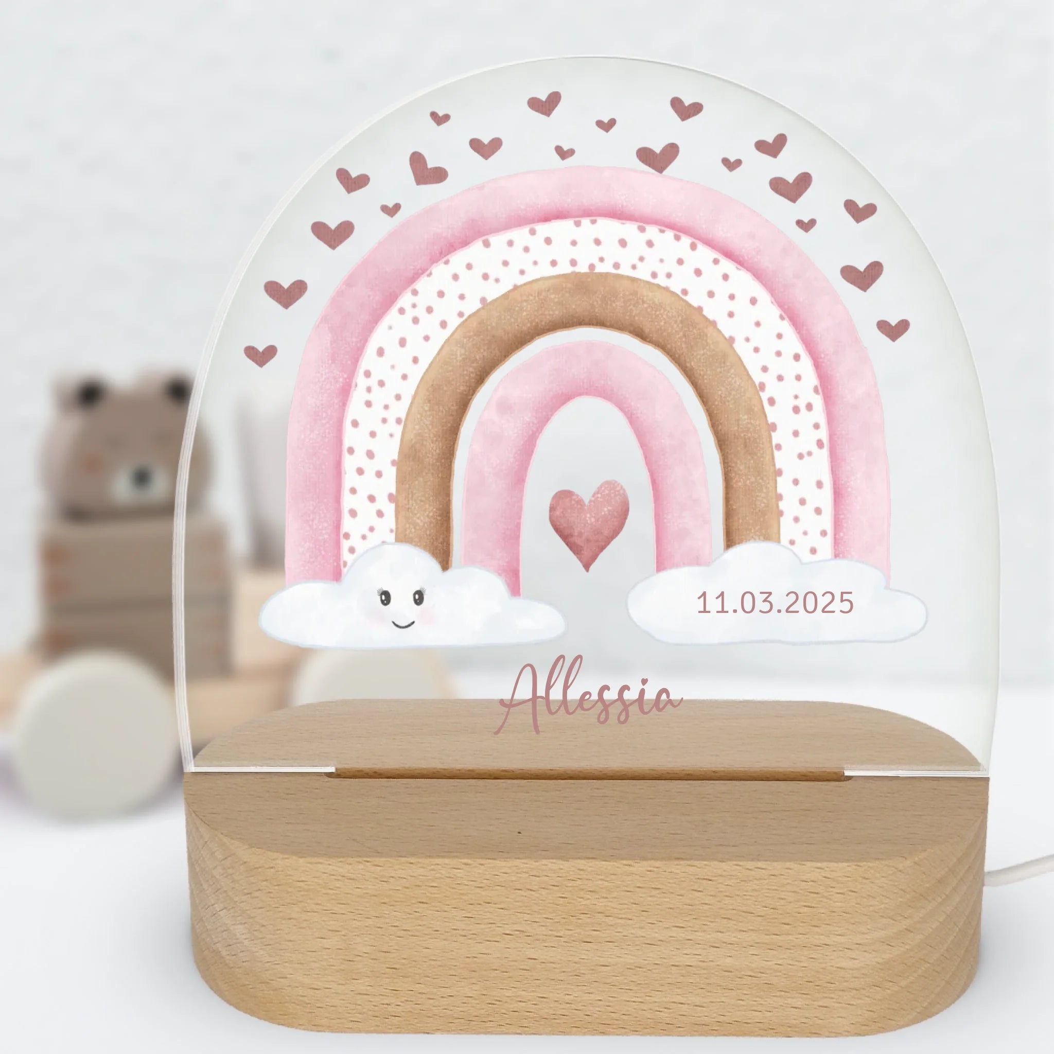 Nachtlicht Regenbogen mit Herzen personalisiert Nachtlicht oval mit Holzständer und LED-Licht BxHxT ca. 14,5 x 16 x 6 cm 4 mm Acrylglas & Buchenholzständer