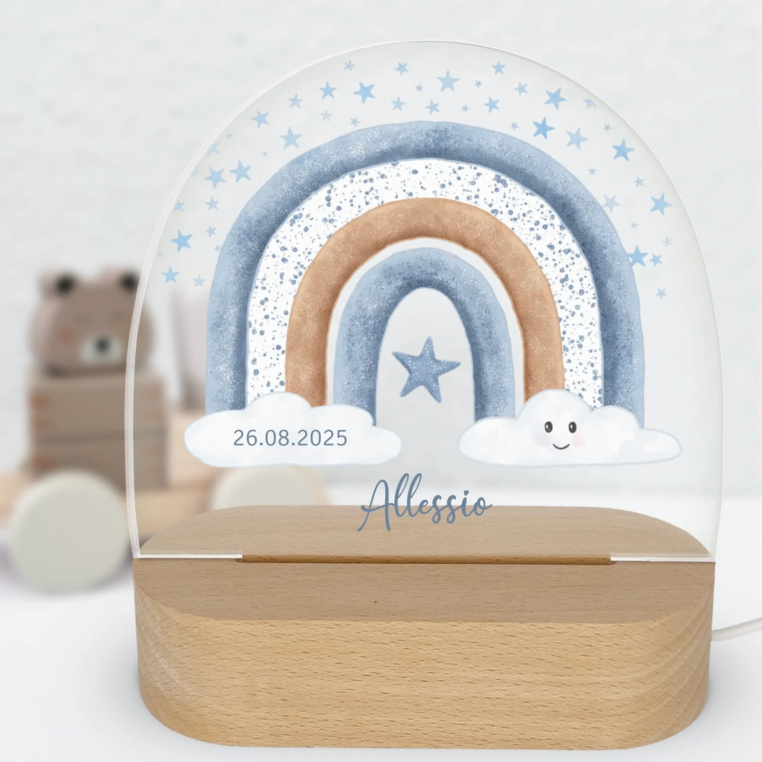 Nachtlicht Regenbogen mit Sterne personalisiert Nachtlicht oval mit Holzständer und LED-Licht BxHxT ca. 14,5 x 16 x 6 cm 4 mm Acrylglas & Buchenholzständer