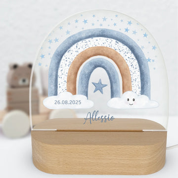 Nachtlicht Regenbogen mit Sterne personalisiert Nachtlicht oval mit Holzständer und LED-Licht BxHxT ca. 14,5 x 16 x 6 cm 4 mm Acrylglas & Buchenholzständer