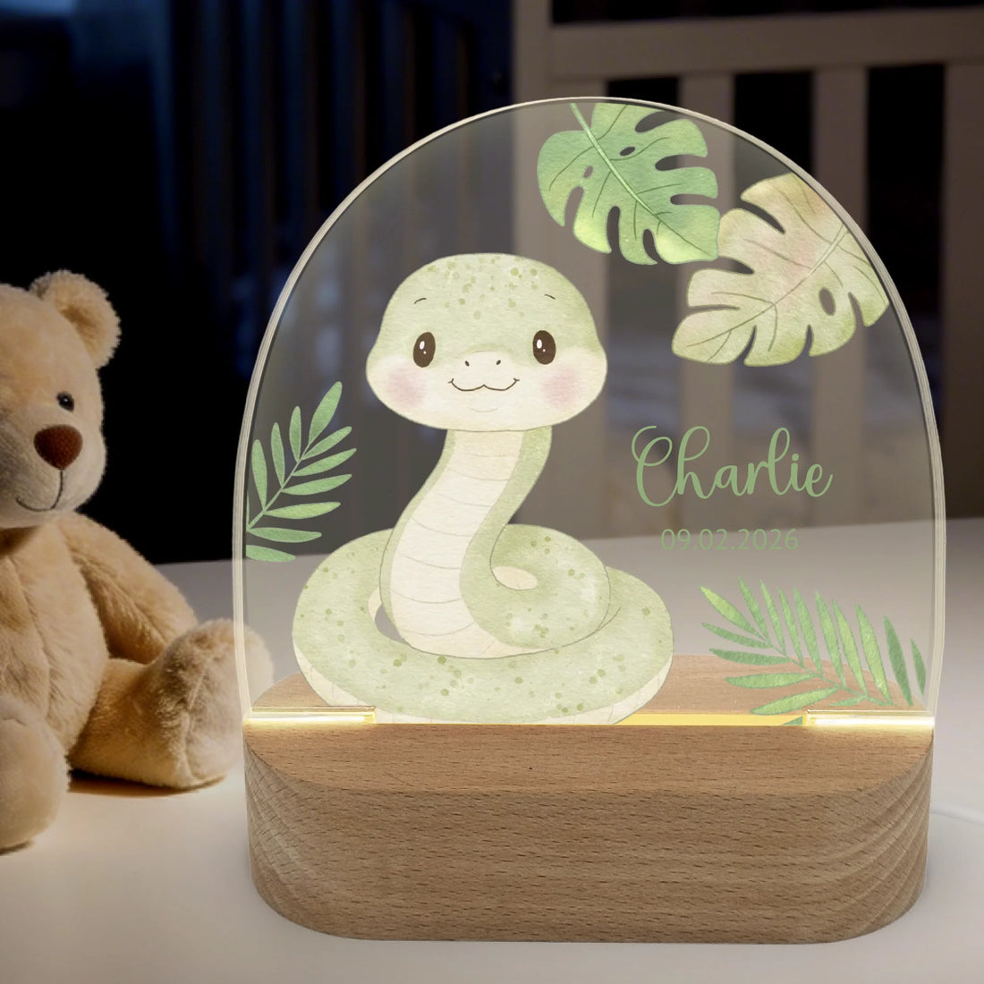 Nachtlicht Schlange personalisiert Nachtlicht oval mit Holzständer und LED-Licht 4 mm Acrylglas & Buchenholzständer BxHxT ca. 14,5 x 16 x 6 cm