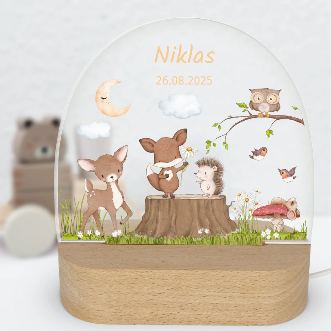 Nachtlicht Waldtiere personalisiert Nachtlicht oval mit Holzständer und LED-Licht BxHxT ca. 14,5 x 16 x 6 cm 4 mm Acrylglas & Buchenholzständer