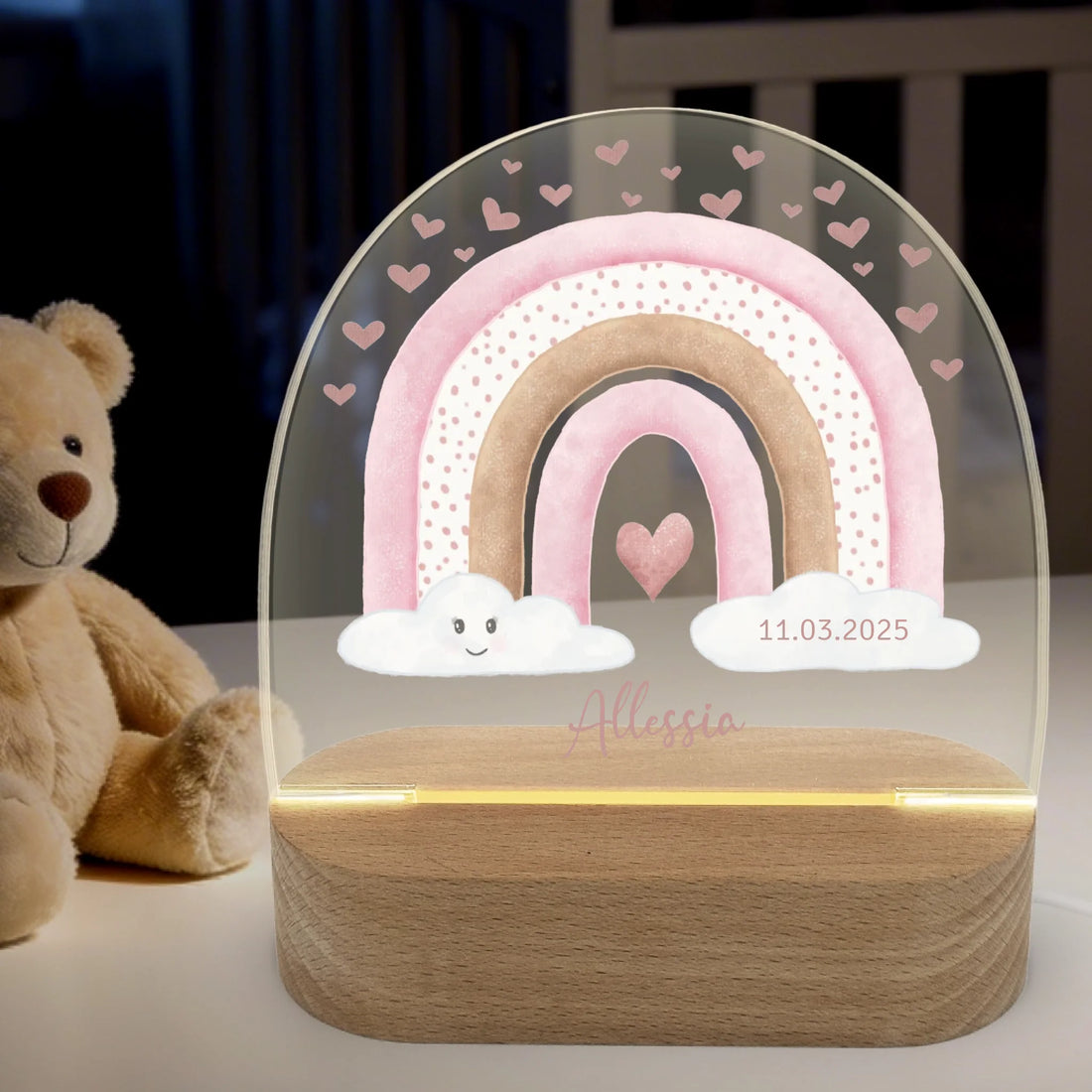 Nachtlicht Regenbogen mit Herzen personalisiert Nachtlicht oval mit Holzständer und LED-Licht BxHxT ca. 14,5 x 16 x 6 cm 4 mm Acrylglas & Buchenholzständer