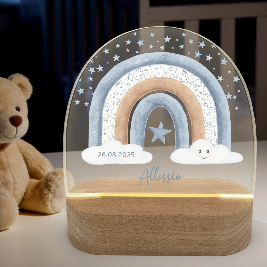 Nachtlicht Regenbogen mit Sterne personalisiert Nachtlicht oval mit Holzständer und LED-Licht BxHxT ca. 14,5 x 16 x 6 cm 4 mm Acrylglas & Buchenholzständer