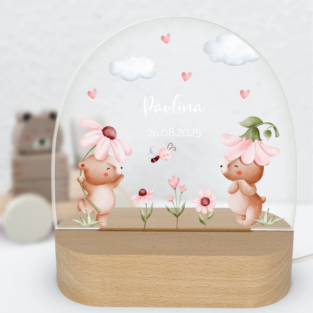 Nachtlicht Bärenbande personalisiert Nachtlicht oval mit Holzständer und LED-Licht BxHxT ca. 14,5 x 16 x 6 cm 4 mm Acrylglas & Buchenholzständer