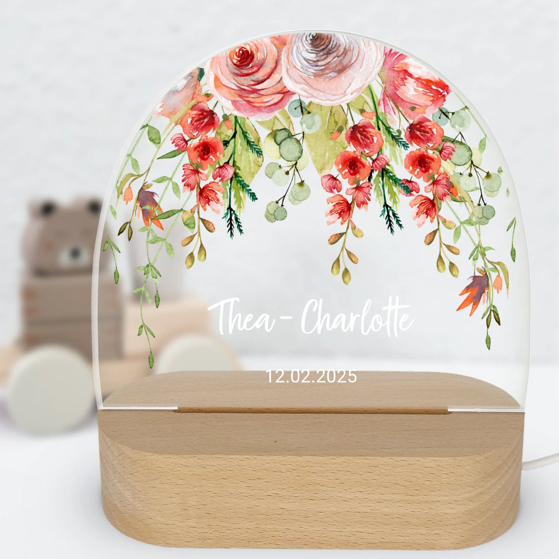 Nachtlicht Blumen rot personalisiert Nachtlicht oval mit Holzständer und LED-Licht BxHxT ca. 14,5 x 16 x 6 cm 4 mm Acrylglas & Buchenholzständer