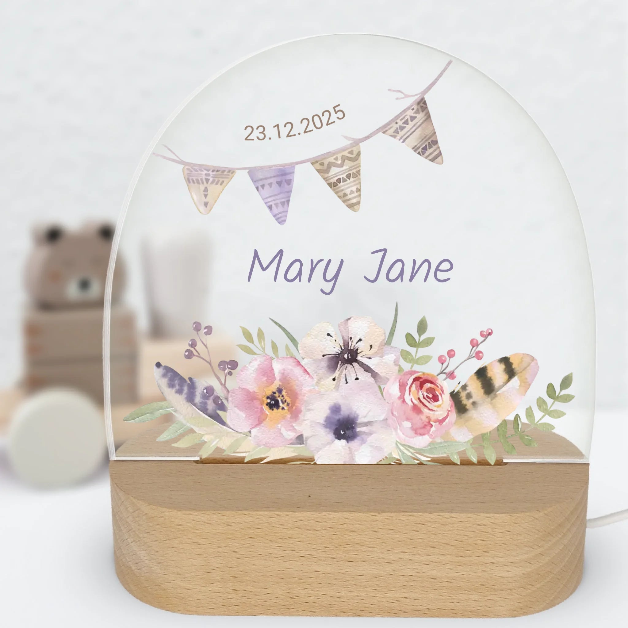 Nachtlicht Boho Blumen mit Federn personalisiert Nachtlicht oval mit Holzständer und LED-Licht BxHxT ca. 14,5 x 16 x 6 cm 4 mm Acrylglas & Buchenholzständer
