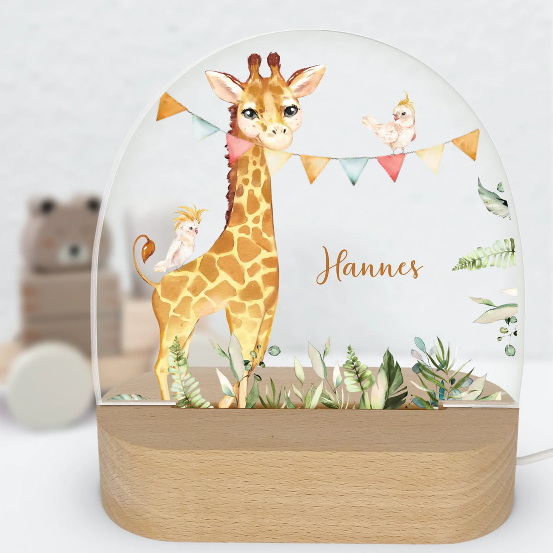 Nachtlicht Giraffe personalisiert Nachtlicht oval mit Holzständer und LED-Licht BxHxT ca. 14,5 x 16 x 6 cm 4 mm Acrylglas & Buchenholzständer