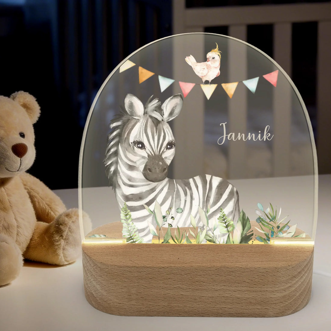 Nachtlicht Zebra personalisiert Nachtlicht oval mit Holzständer und LED-Licht BxHxT ca. 14,5 x 16 x 6 cm 4 mm Acrylglas & Buchenholzständer