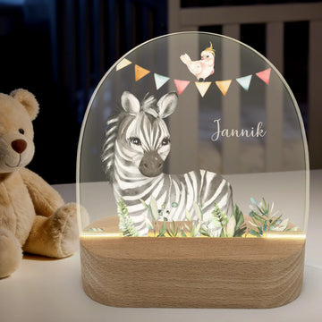 Nachtlicht Zebra personalisiert Nachtlicht oval mit Holzständer und LED-Licht BxHxT ca. 14,5 x 16 x 6 cm 4 mm Acrylglas & Buchenholzständer