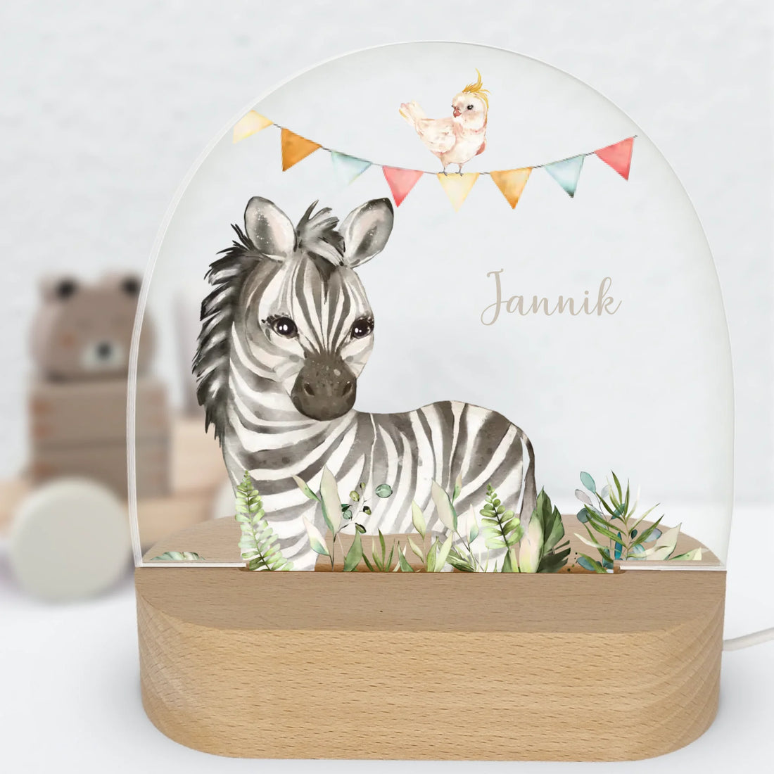 Nachtlicht Zebra personalisiert Nachtlicht oval mit Holzständer und LED-Licht BxHxT ca. 14,5 x 16 x 6 cm 4 mm Acrylglas & Buchenholzständer