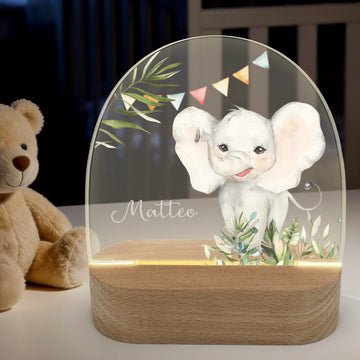 Nachtlicht Elefant personalisiert Nachtlicht oval mit Holzständer und LED-Licht BxHxT ca. 14,5 x 16 x 6 cm 4 mm Acrylglas & Buchenholzständer