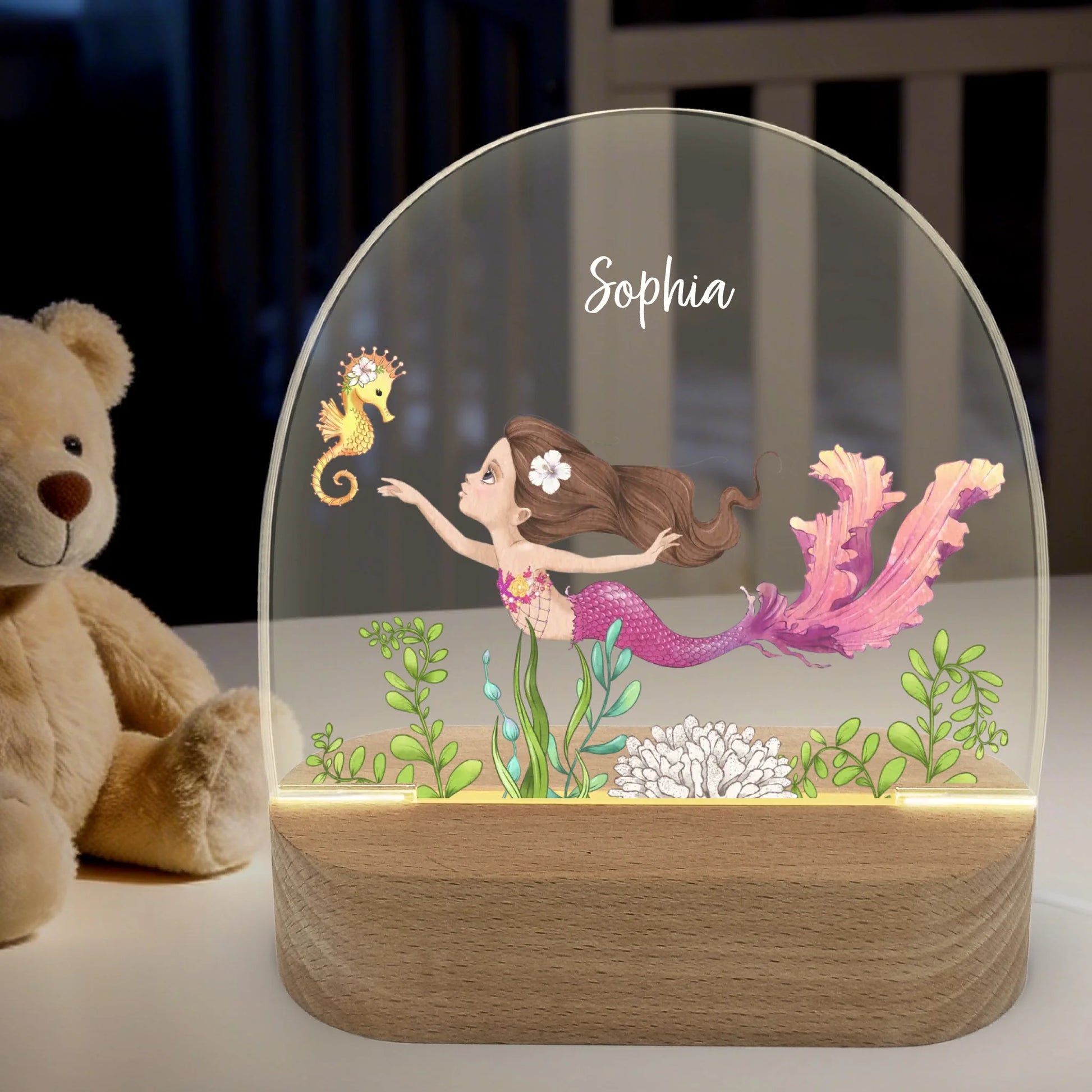 Nachtlicht Meerjungfrau mit Seepferdchen personalisiert Nachtlicht oval mit Holzständer und LED-Licht BxHxT ca. 14,5 x 16 x 6 cm 4 mm Acrylglas & Buchenholzständer