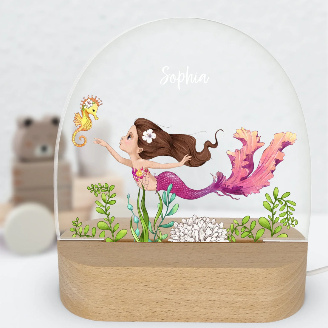 Nachtlicht Meerjungfrau mit Seepferdchen personalisiert Nachtlicht oval mit Holzständer und LED-Licht BxHxT ca. 14,5 x 16 x 6 cm 4 mm Acrylglas & Buchenholzständer