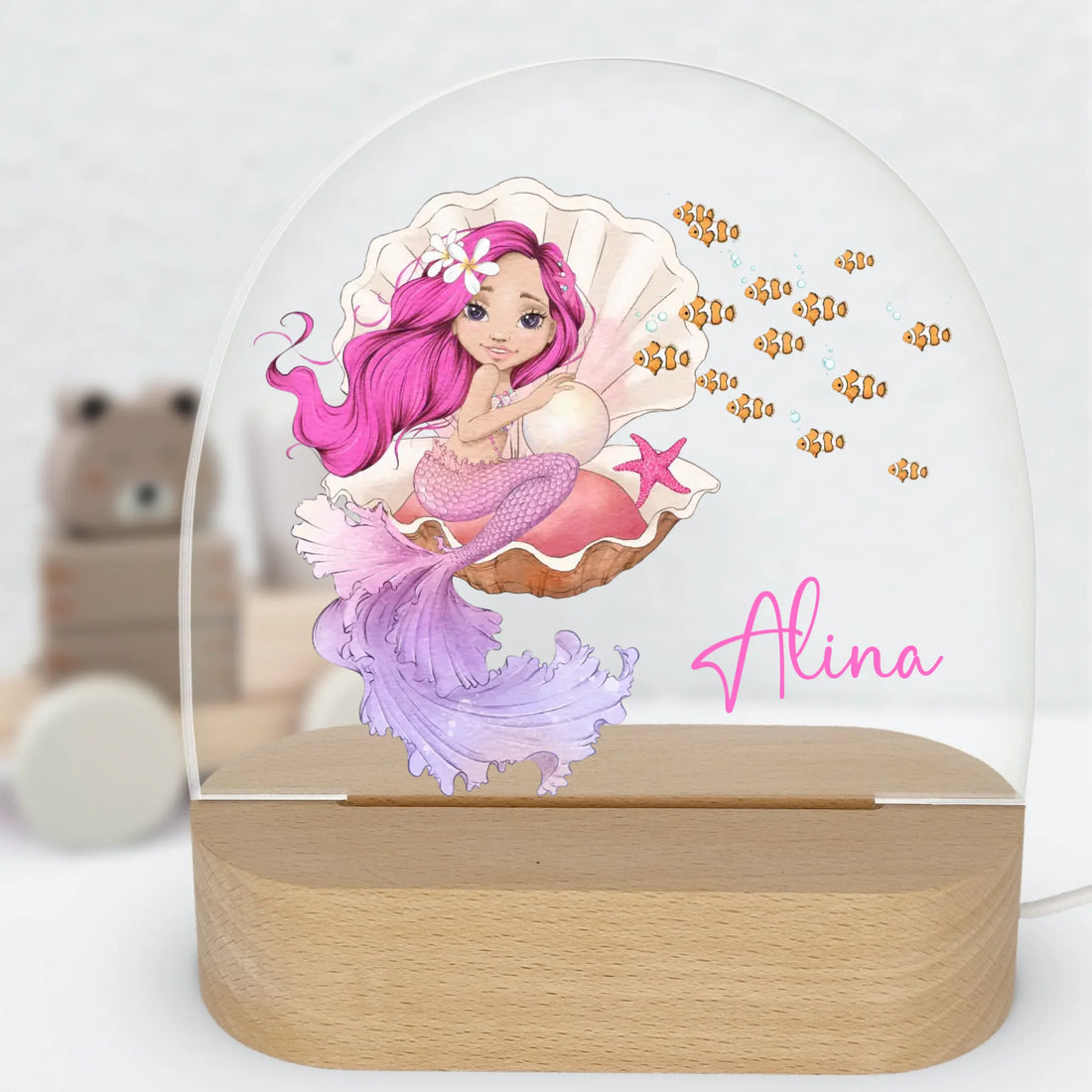 Nachtlicht Meerjungfrau in Muschel personalisiert Nachtlicht oval mit Holzständer und LED-Licht BxHxT ca. 14,5 x 16 x 6 cm 4 mm Acrylglas & Buchenholzständer