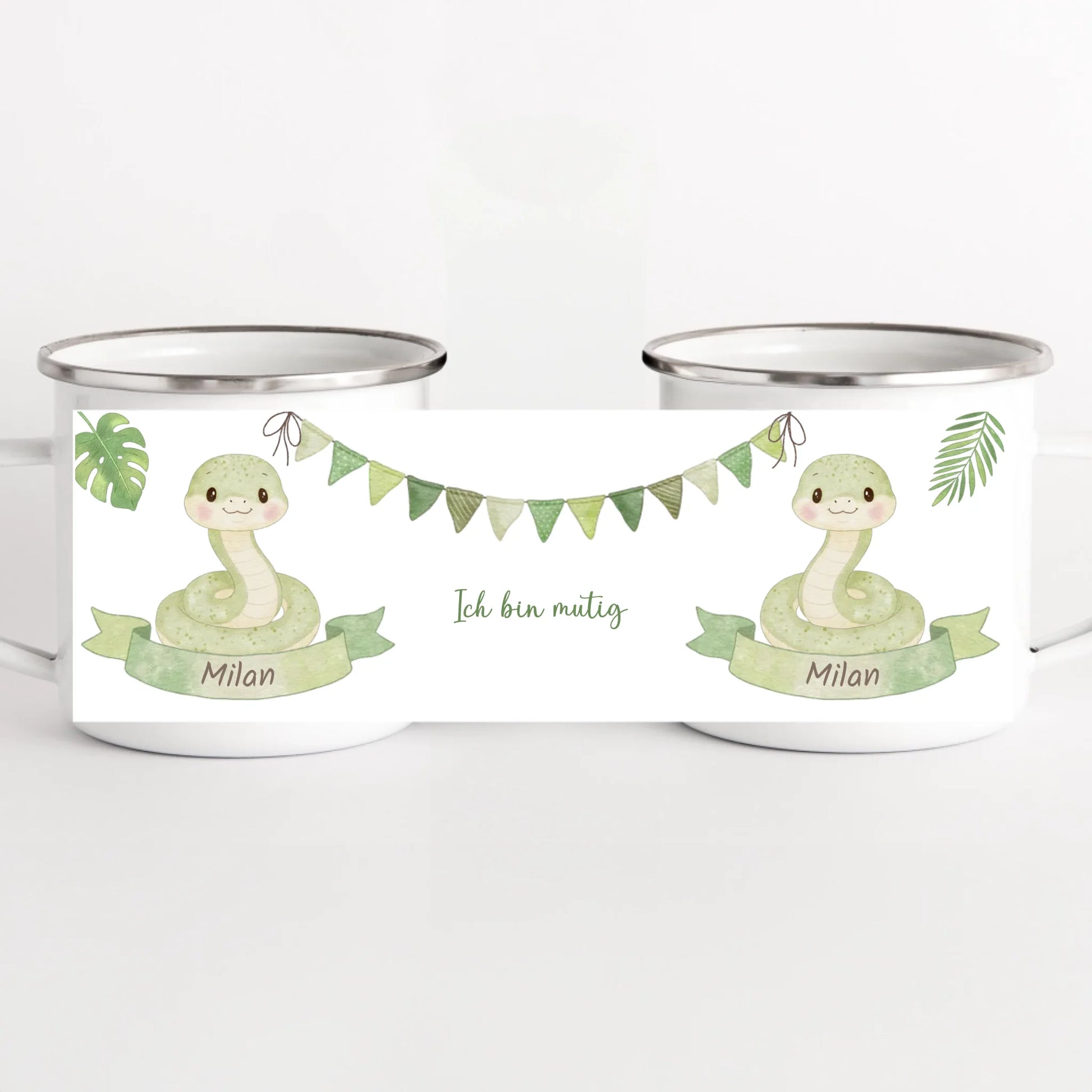 Kindertasse personalisiert Schlange Kindertasse Emaille Panorama weiss bedruckt Höhe: 8 cm, Durchmesser: 8 cm, Volumen: 300 ml, Gewicht: 130 g