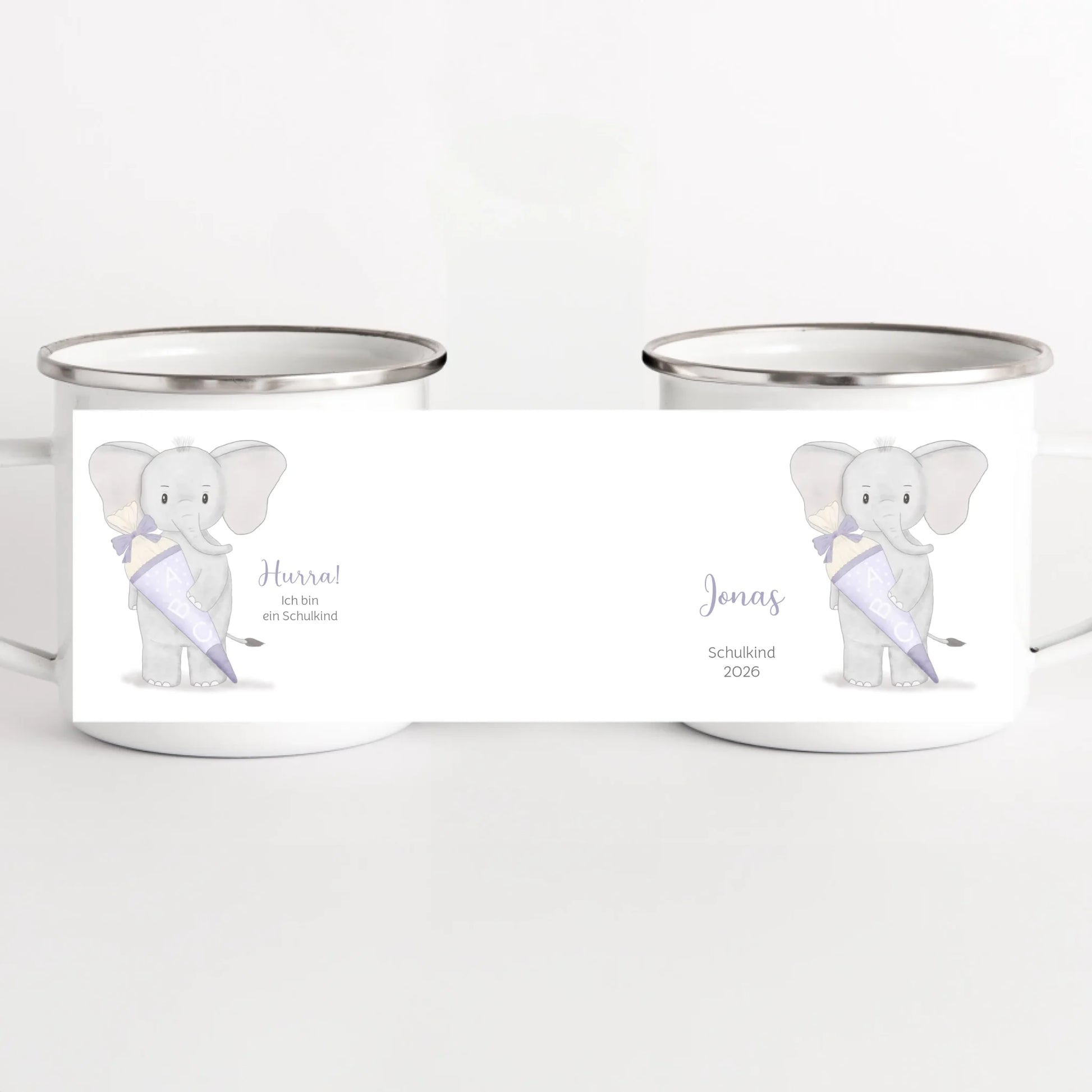 Kindertasse zur Einschulung, Elefant mit Schultüte weiss bedruckt Kindertasse Emaille Panorama Höhe: 8 cm, Durchmesser: 8 cm, Volumen: 300 ml, Gewicht: 130 g