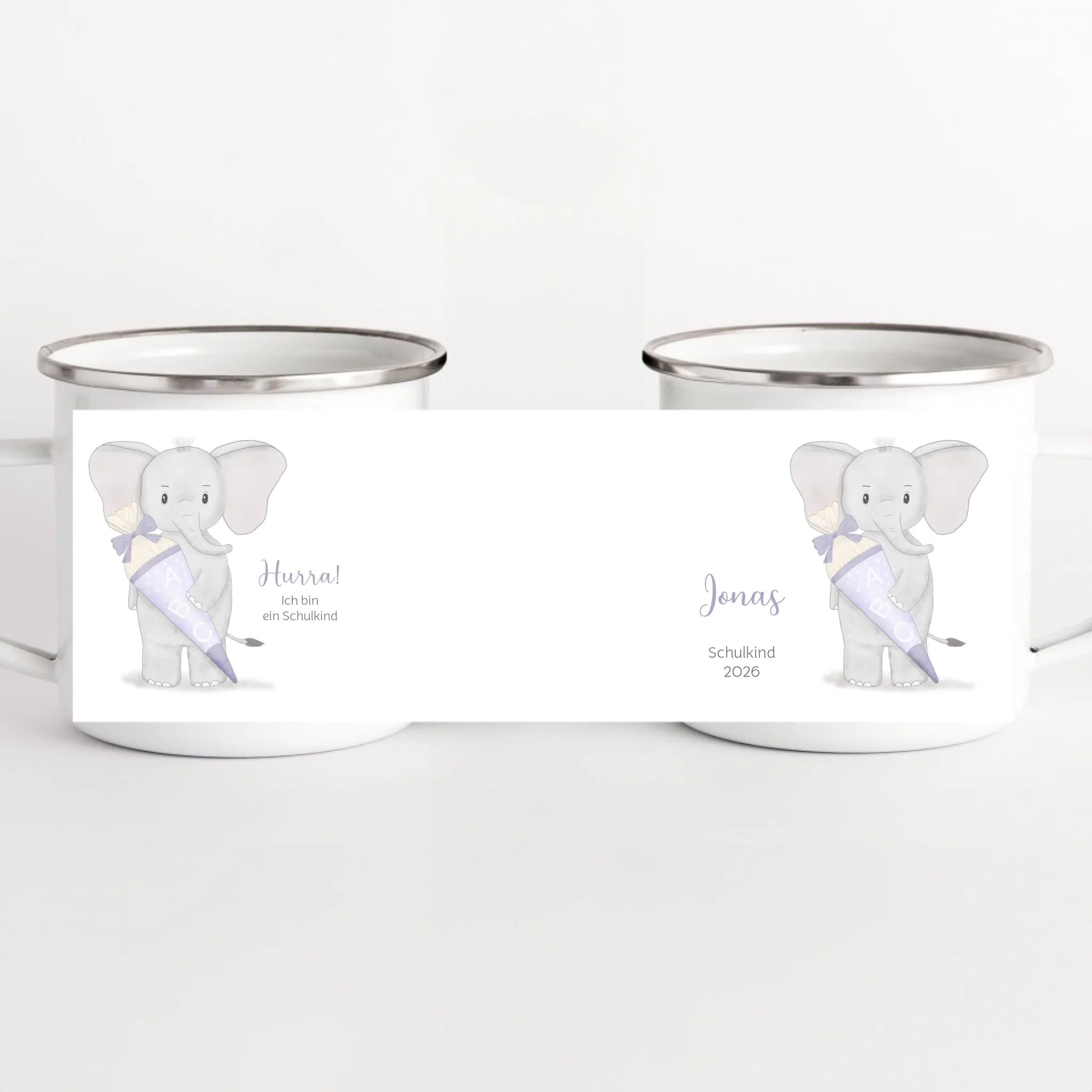 Kindertasse zur Einschulung, Elefant mit Schultüte weiss bedruckt Kindertasse Emaille Panorama Höhe: 8 cm, Durchmesser: 8 cm, Volumen: 300 ml, Gewicht: 130 g