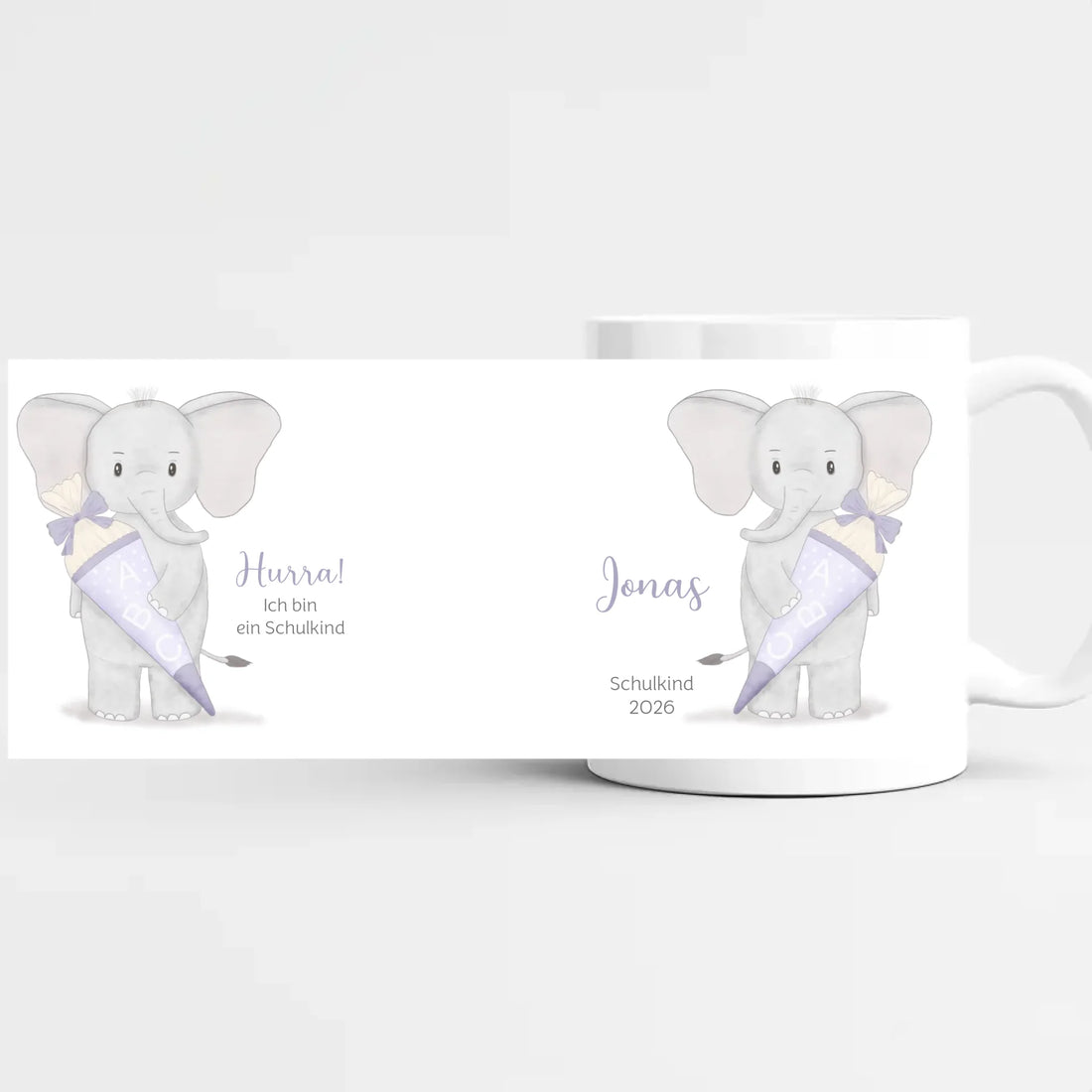 Tasse zur Einschulung, Elefant mit Schultüte