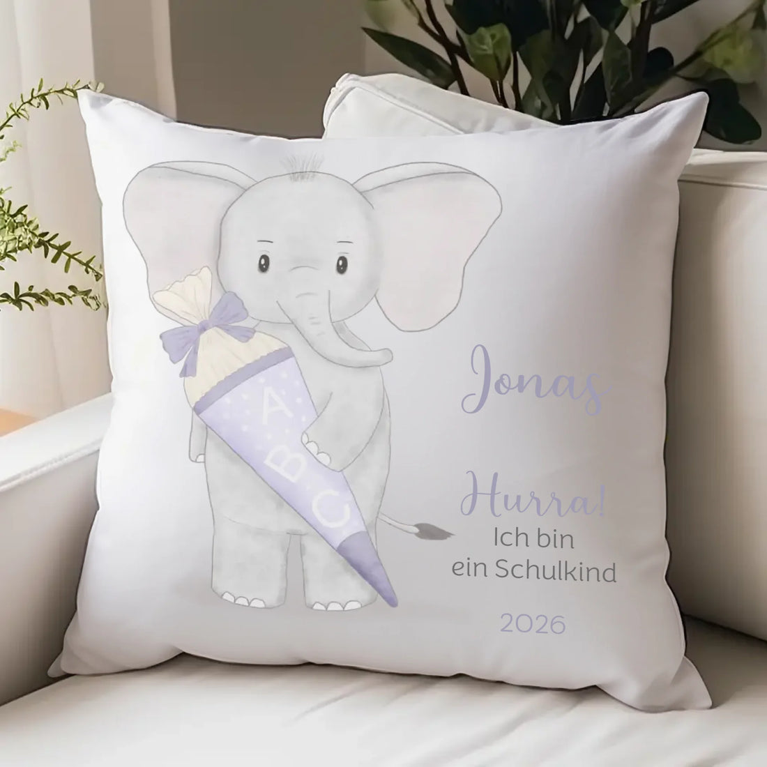 Kinderkissen zur Einschulung, Elefant mit Schultüte Kissen - Plüsch Plüsch