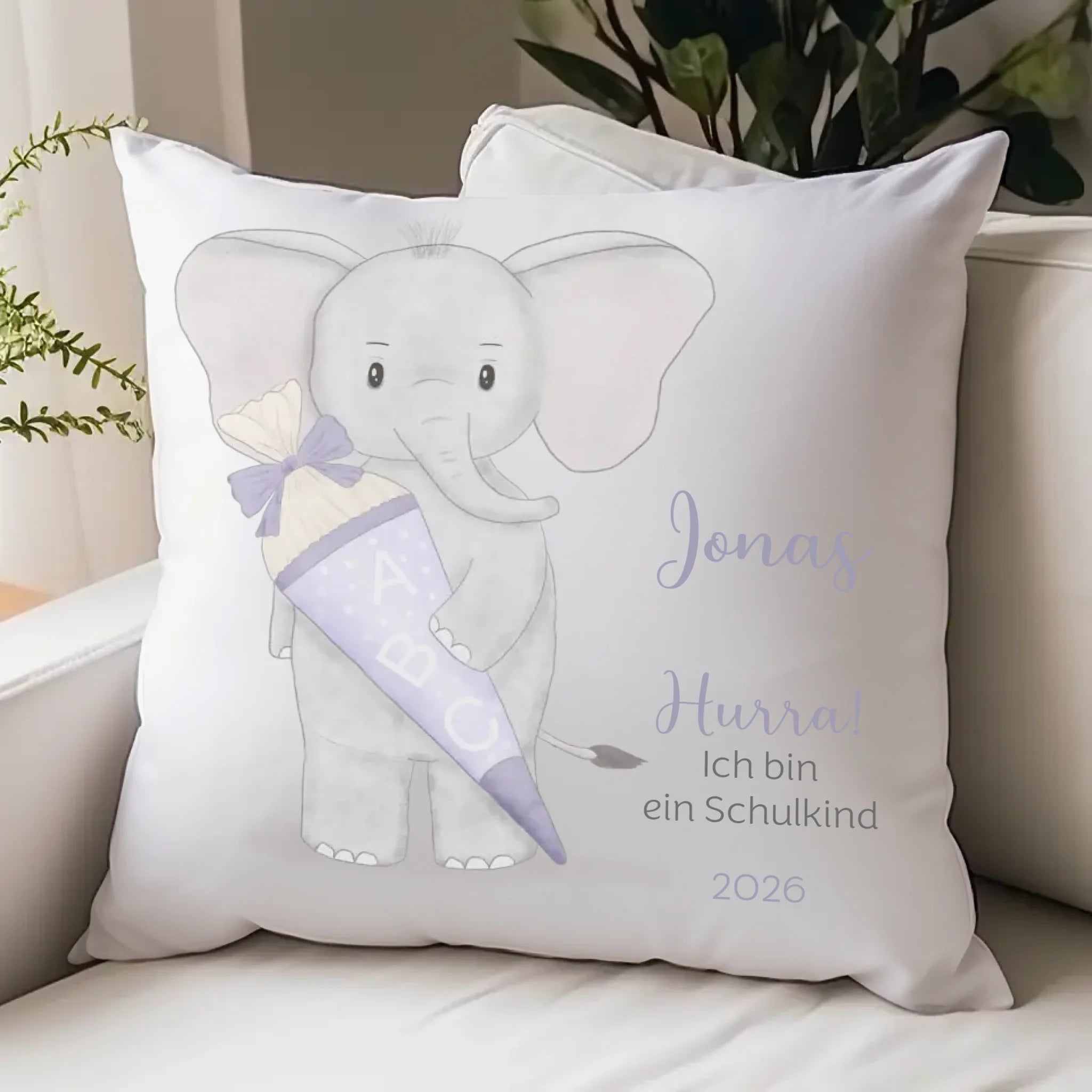 Kinderkissen zur Einschulung, Elefant mit Schultüte Kissen - Jersey Jersey