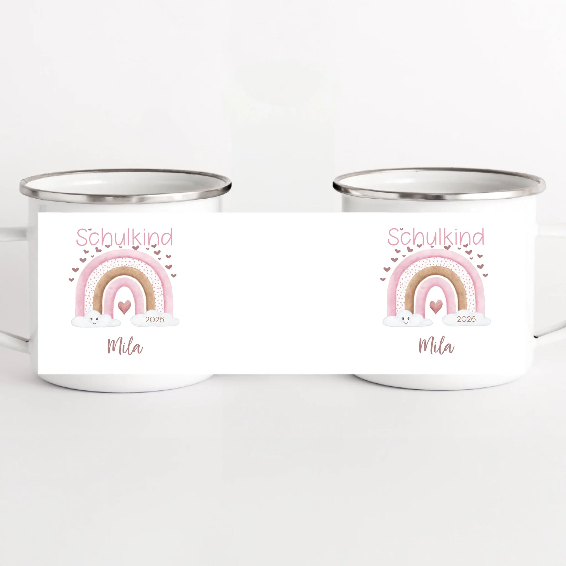 Kindertasse zur Einschulung, Regenbogen mit Herzen weiss bedruckt Kindertasse Emaille Panorama Höhe: 8 cm, Durchmesser: 8 cm, Volumen: 300 ml, Gewicht: 130 g
