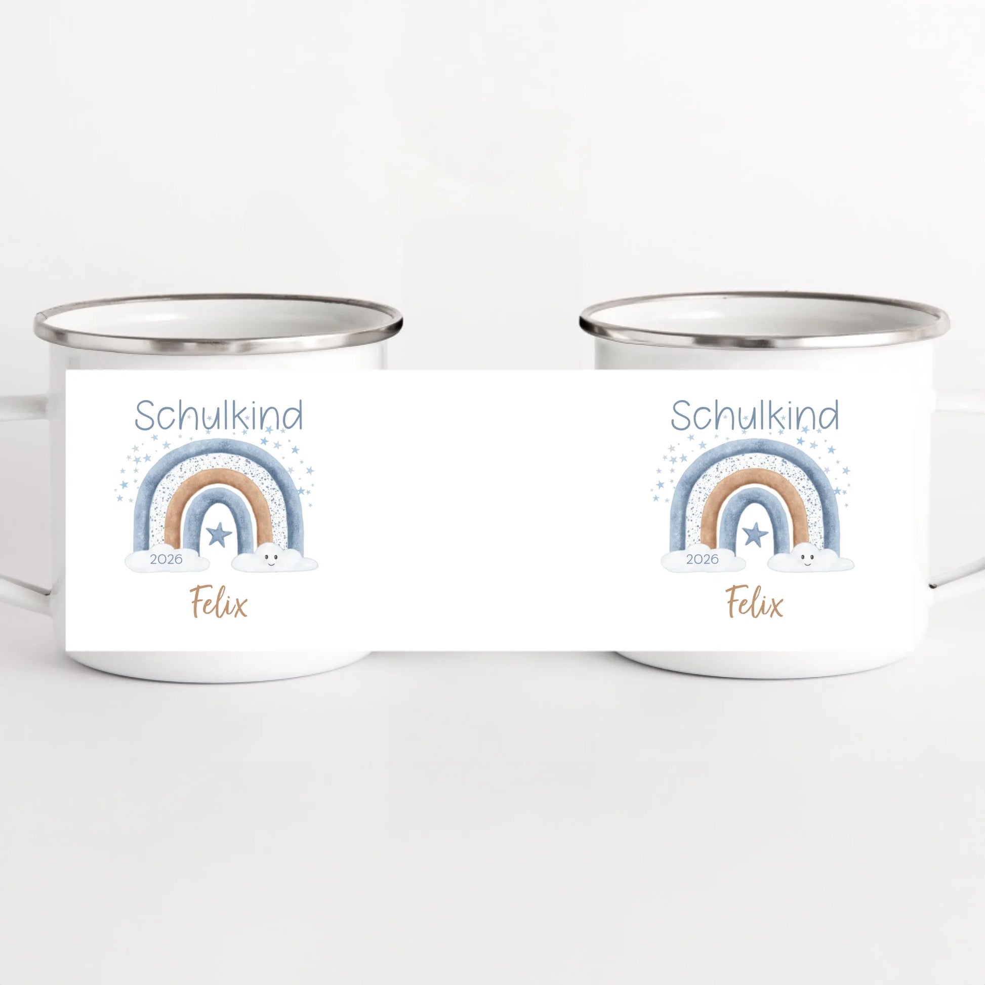 Kindertasse zur Einschulung, Regenbogen mit Sterne weiss bedruckt Kindertasse Emaille Panorama Höhe: 8 cm, Durchmesser: 8 cm, Volumen: 300 ml, Gewicht: 130 g