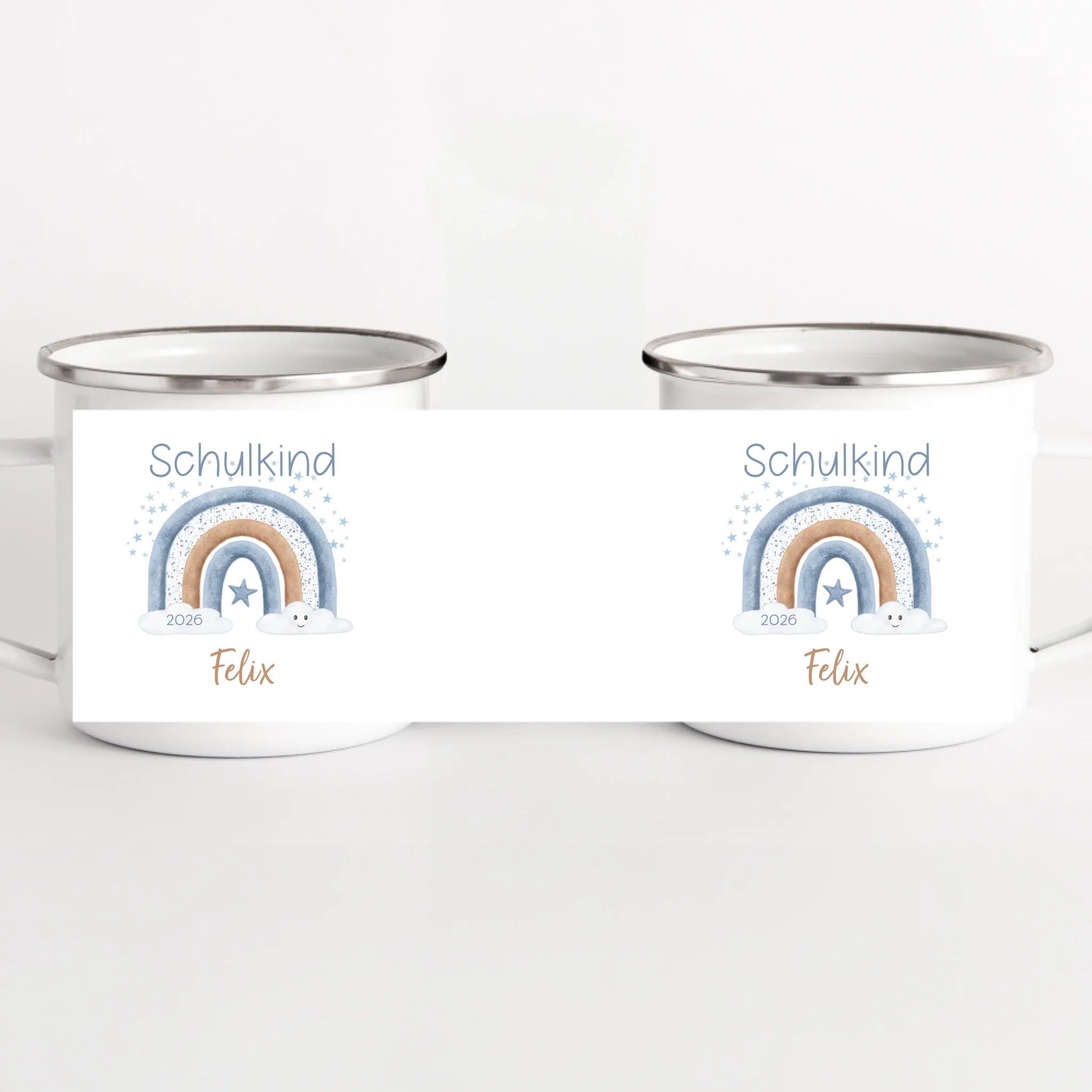 Kindertasse zur Einschulung, Regenbogen mit Sterne weiss bedruckt Kindertasse Emaille Panorama Höhe: 8 cm, Durchmesser: 8 cm, Volumen: 300 ml, Gewicht: 130 g