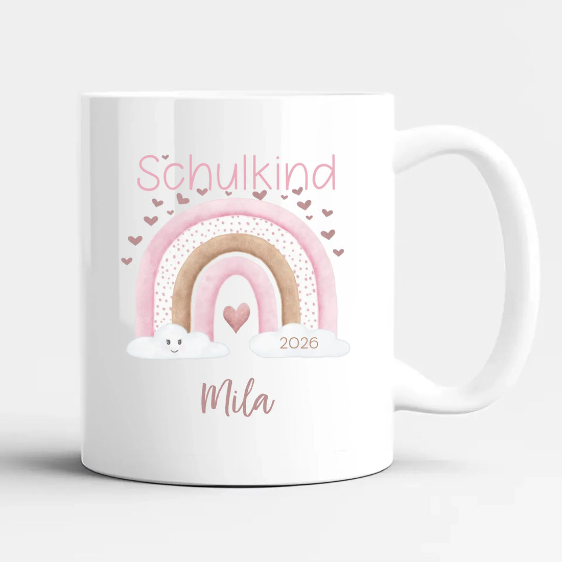 Tasse zur Einschulung, Regenbogen mit Herzen