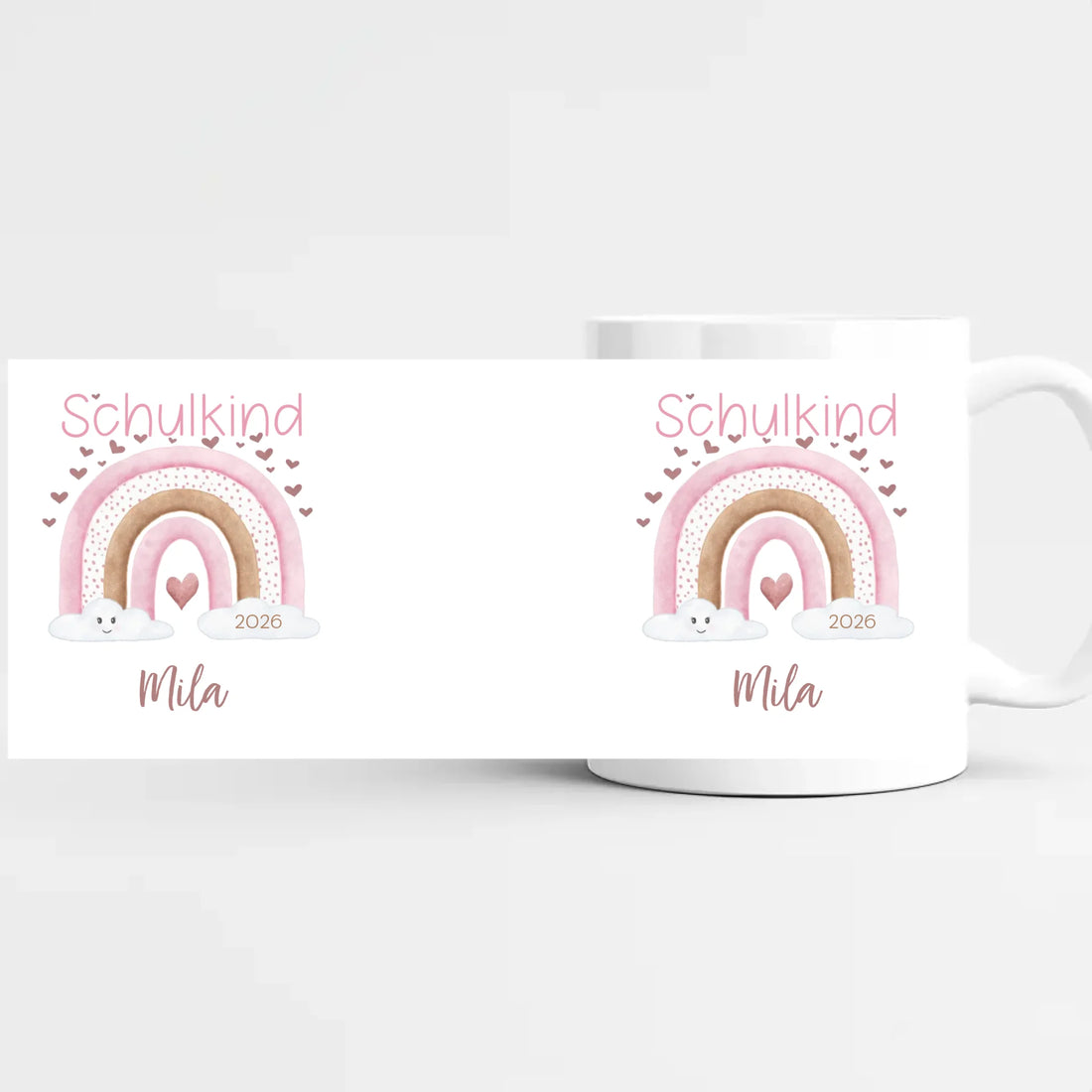 Tasse zur Einschulung, Regenbogen mit Herzen