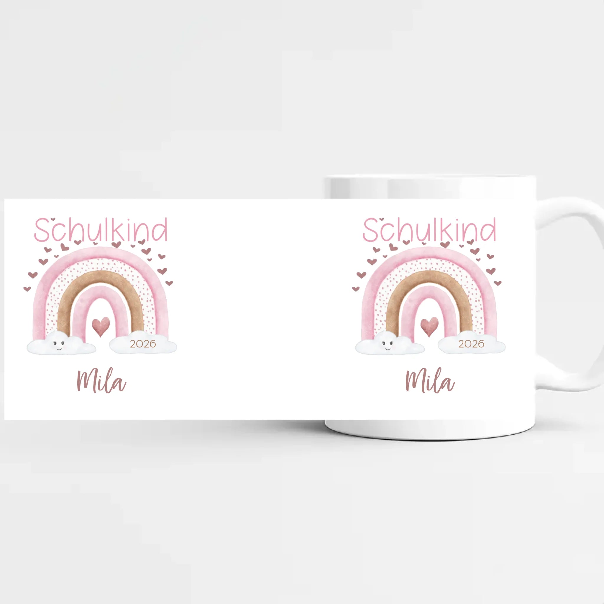 Tasse zur Einschulung, Regenbogen mit Herzen Tasse (Keramik) weiss bedruckt Höhe: 9,5 cm, Durchmesser: 8 cm, Volumen: 325 ml
