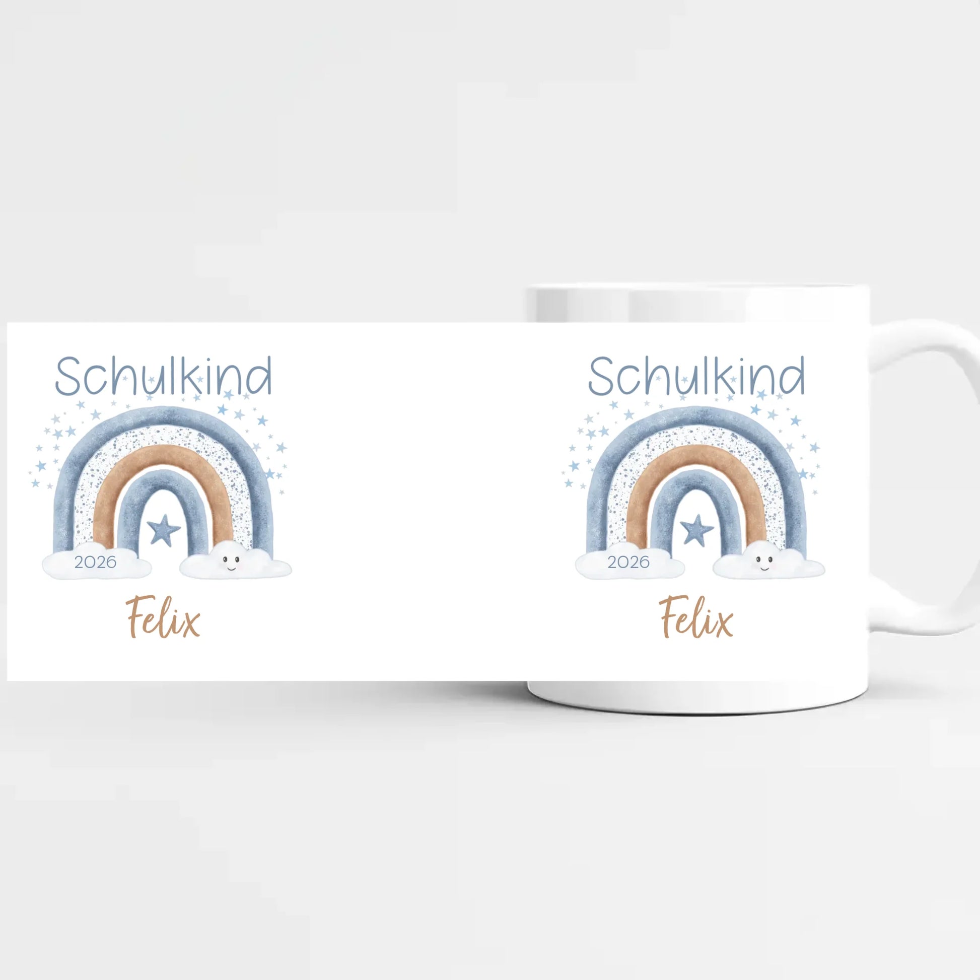 Tasse zur Einschulung, Regenbogen mit Sterne Tasse (Keramik) weiss bedruckt Höhe: 9,5 cm, Durchmesser: 8 cm, Volumen: 325 ml