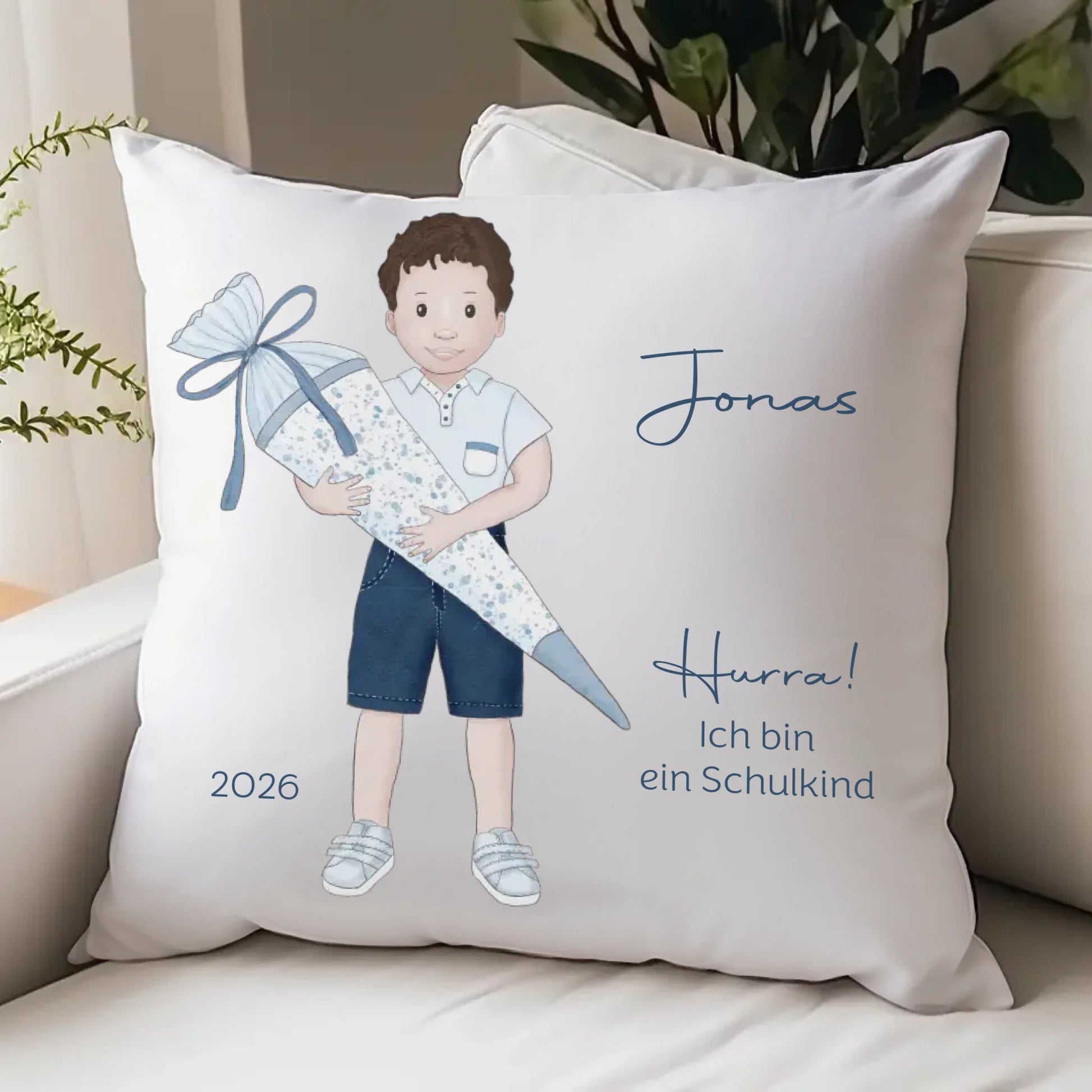 Kinderkissen zur Einschulung, Junge mit Schultüte Kissen - Jersey Jersey