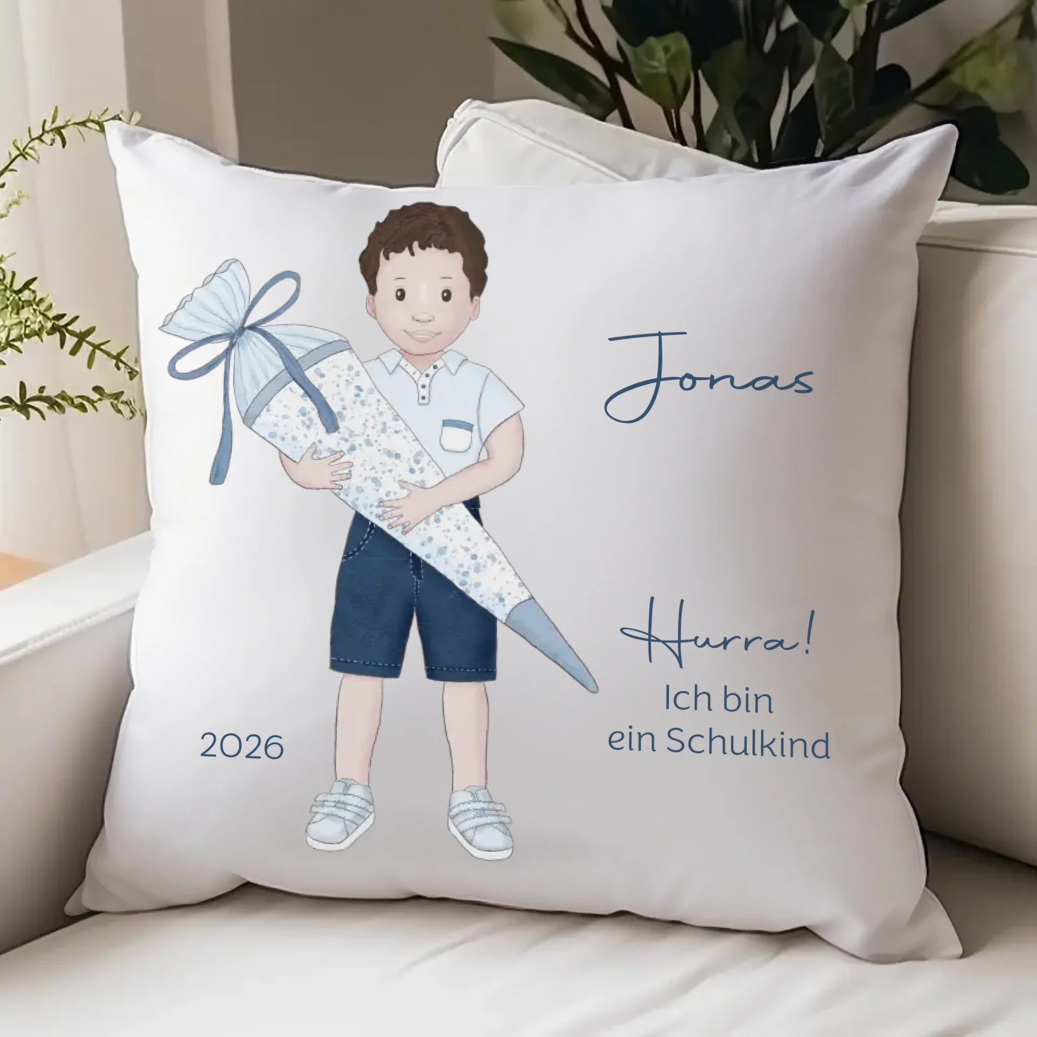 Kinderkissen zur Einschulung, Junge mit Schultüte Kissen - Jersey Jersey