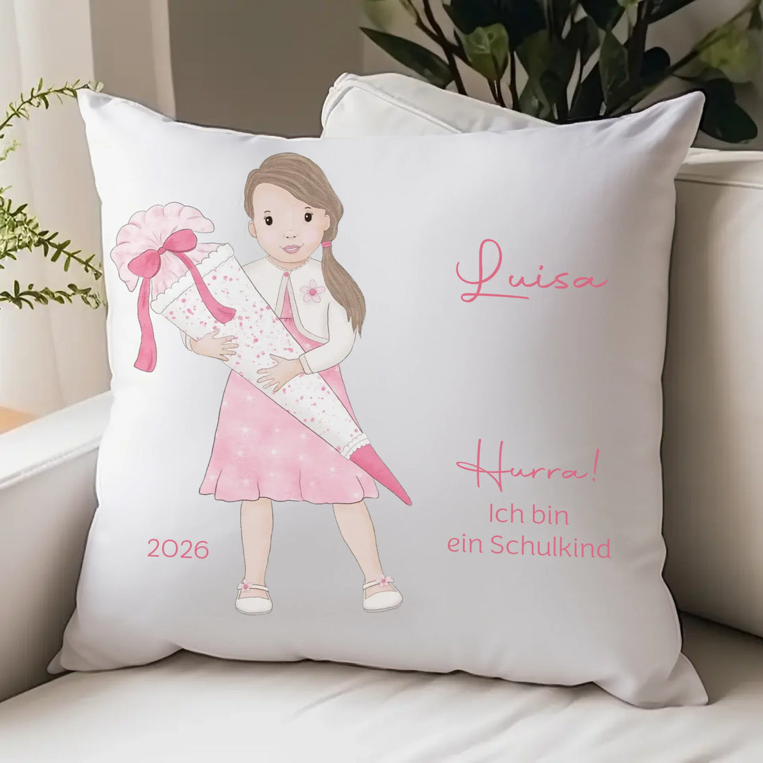 Kinderkissen zur Einschulung, Mädchen mit Schultüte Kissen - Plüsch Plüsch