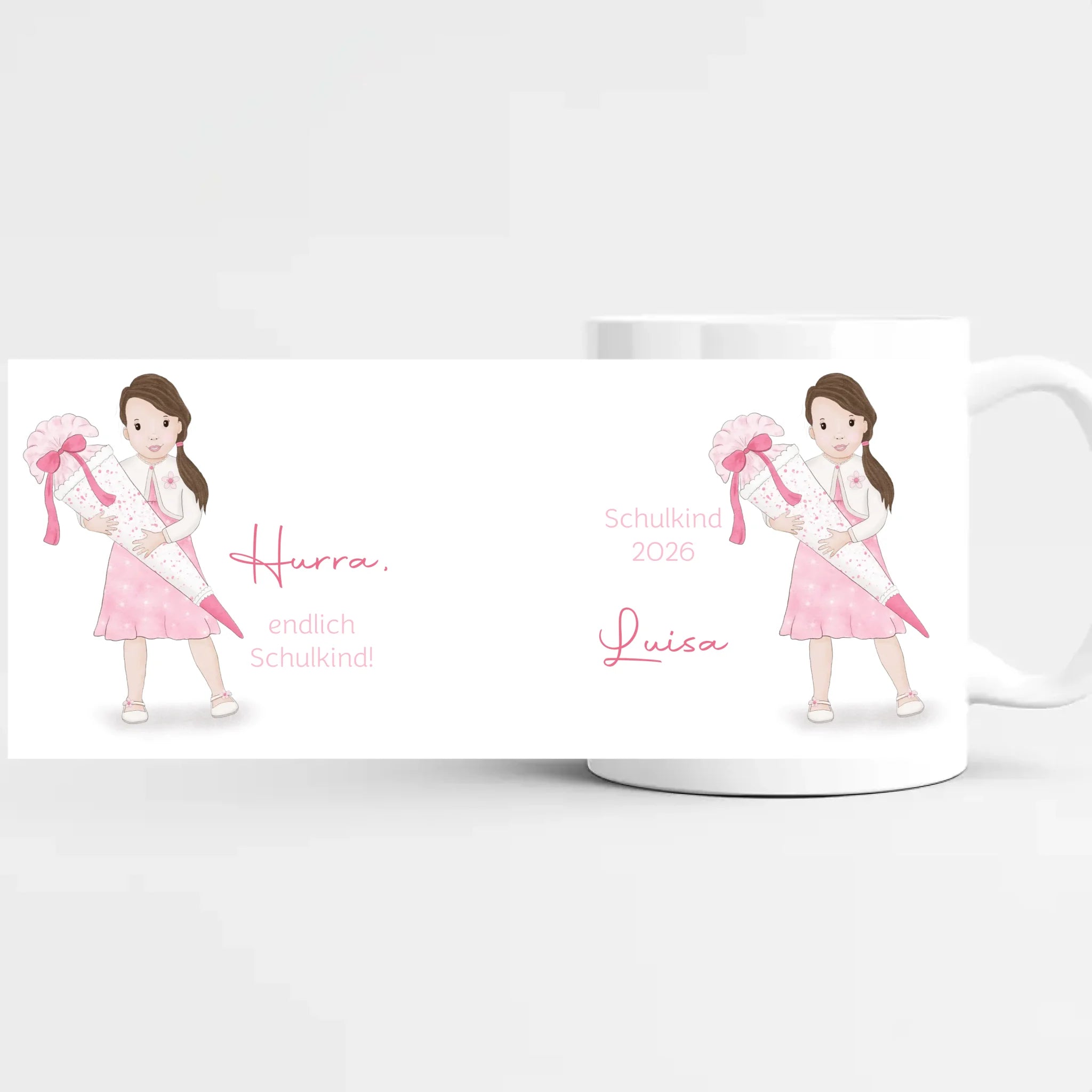 Tasse zur Einschulung, Mädchen mit Zuckertüte Tasse (Keramik) weiss bedruckt Höhe: 9,5 cm, Durchmesser: 8 cm, Volumen: 325 ml