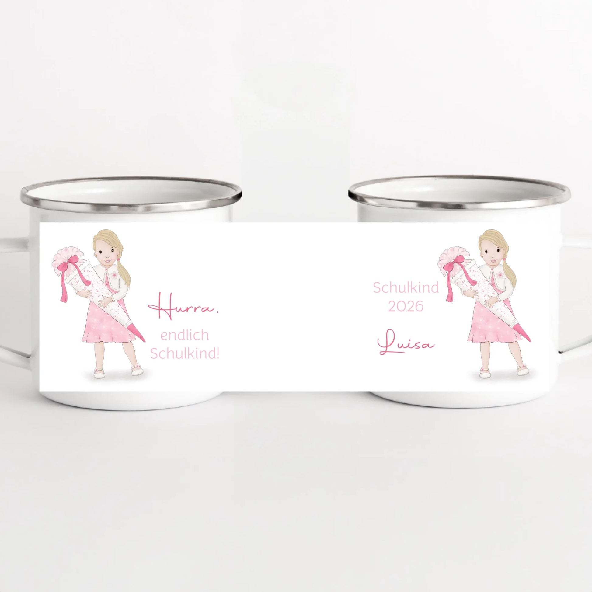 Kindertasse zur Einschulung, Mädchen mit Zuckertüte weiss bedruckt Kindertasse Emaille Panorama Höhe: 8 cm, Durchmesser: 8 cm, Volumen: 300 ml, Gewicht: 130 g